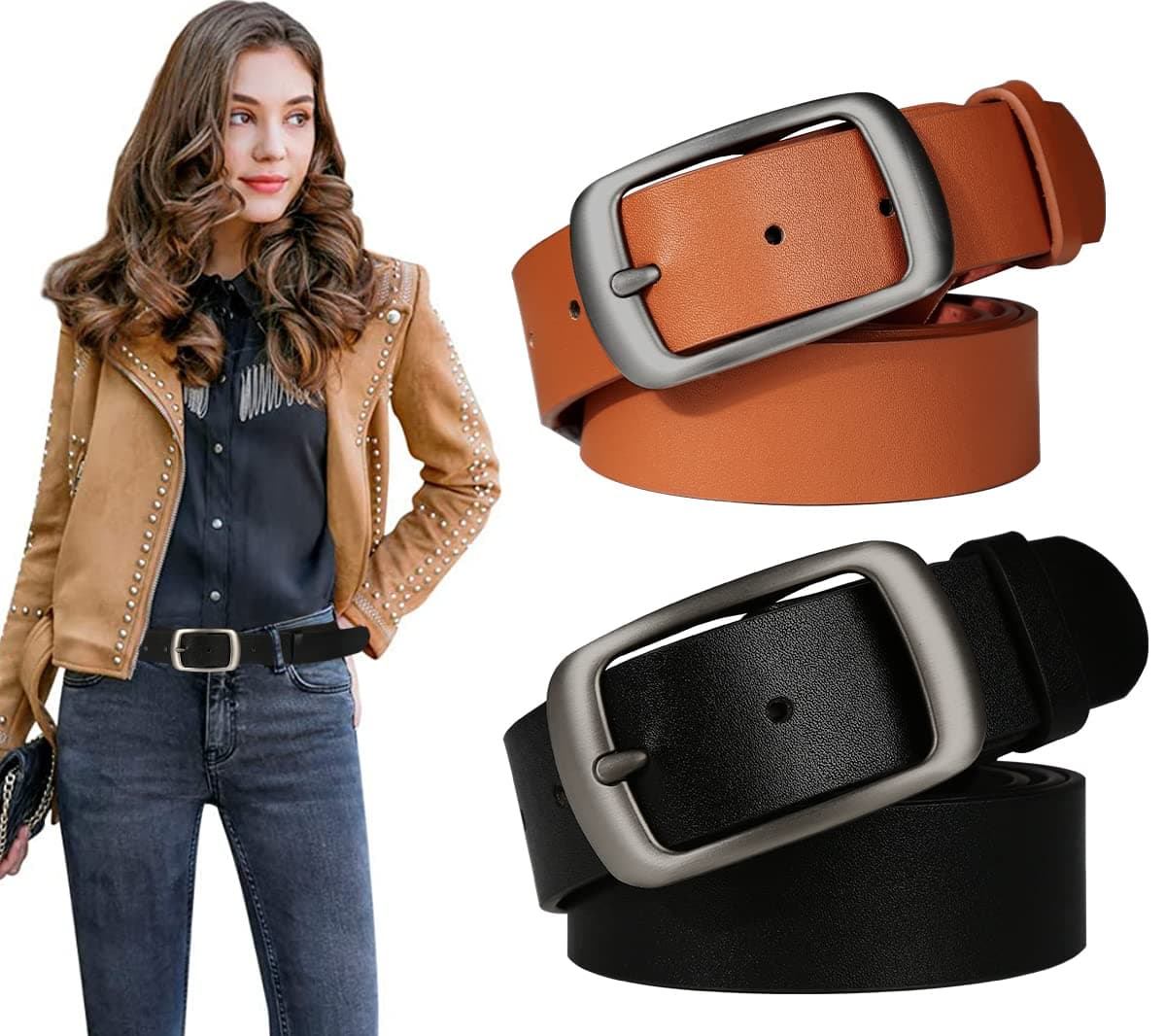 Ssumday2 Pack Women's 1.3" Leather Belts for Jeans Pants Dresses with Fashion Alloy Pin Buckle