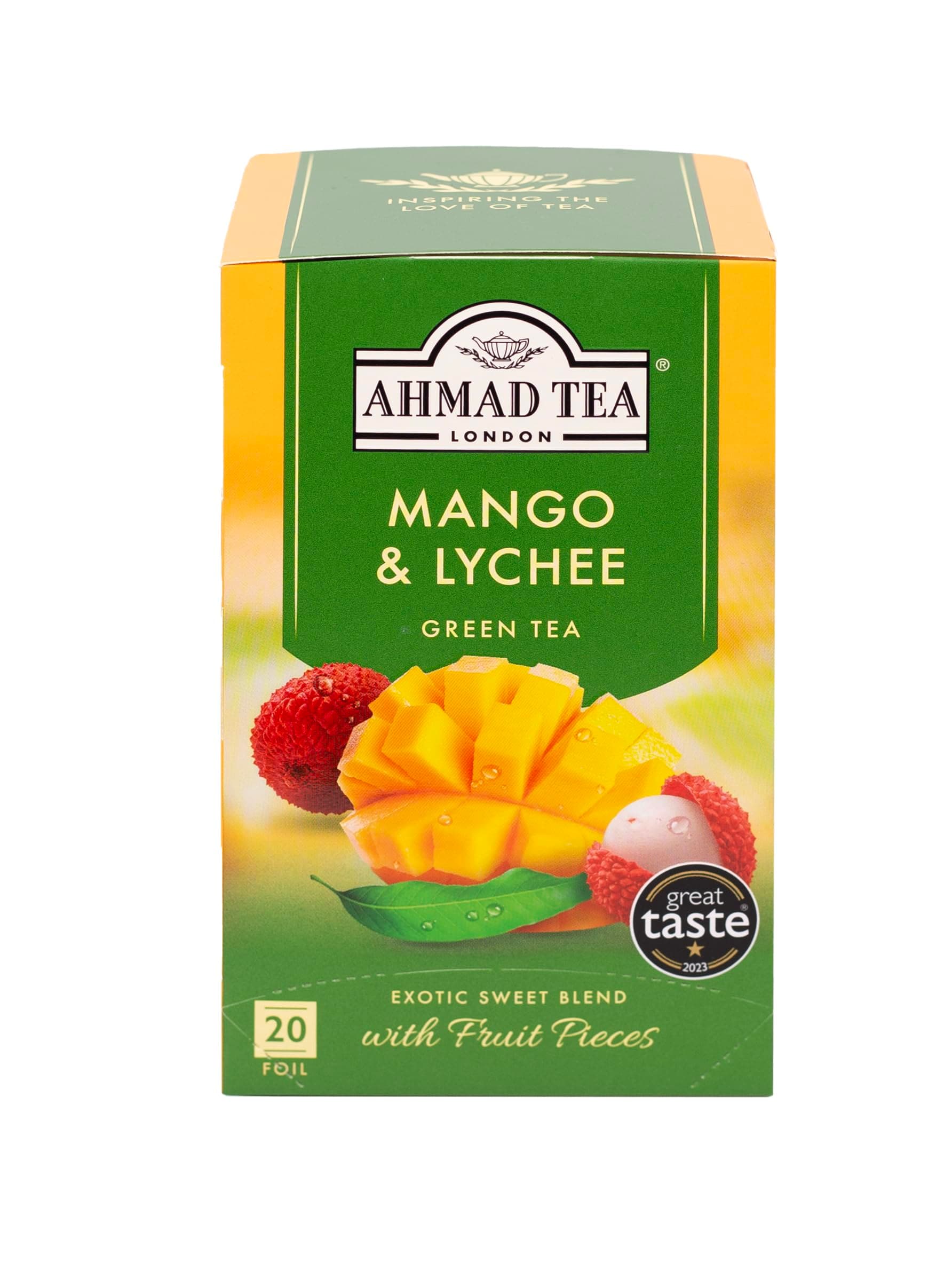 Green Tea, Mango & Lychee Teabags, 20 ct (Pack of 1) - Caffeinated & Sugar-Free