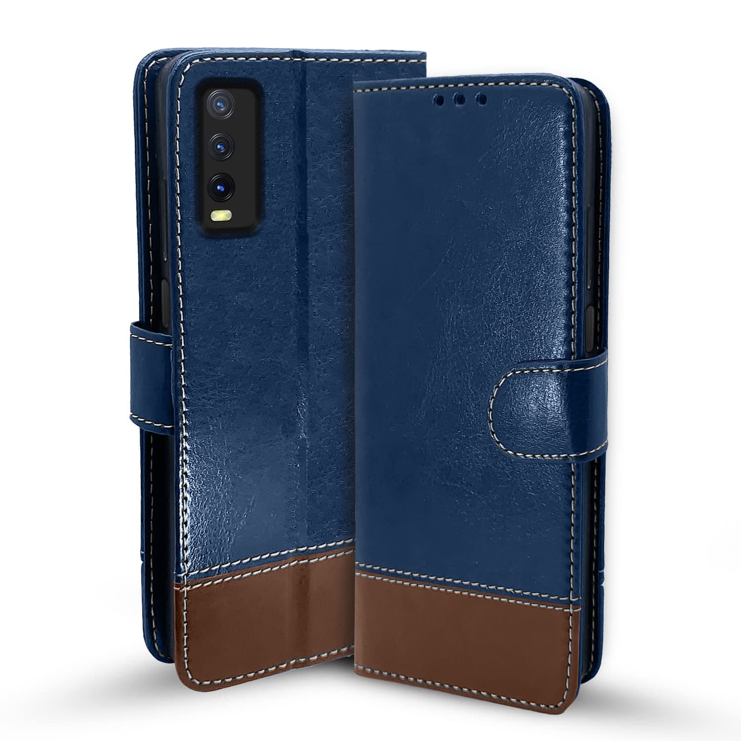 Pikkme Vivo Y12s / Y20 / Y20i / Y20G Flip Cover | Dual-Tone PU Leather Finish | 360 Protection | Inbuilt Wallet & Stand | Magnetic Flip Case for Vivo Y12s / Y20 / Y20i / Y20G (Blue & Brown)