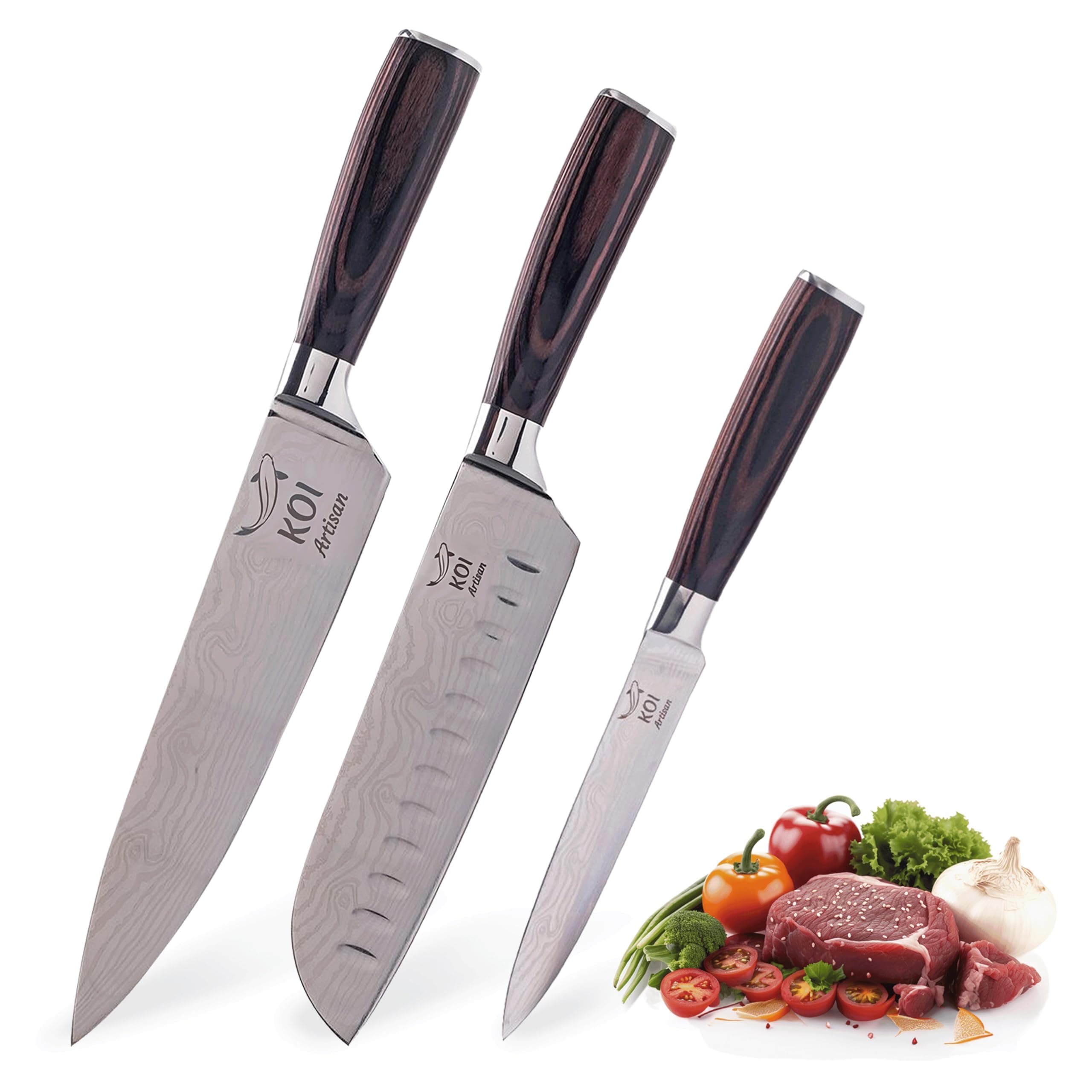 KOI ARTISAN Professional Knife Set - Stainless Steel Kitchen Knives with Ergonomic Pakka Wood Handle - Japanese Chef Knives Presented in Gift/Box