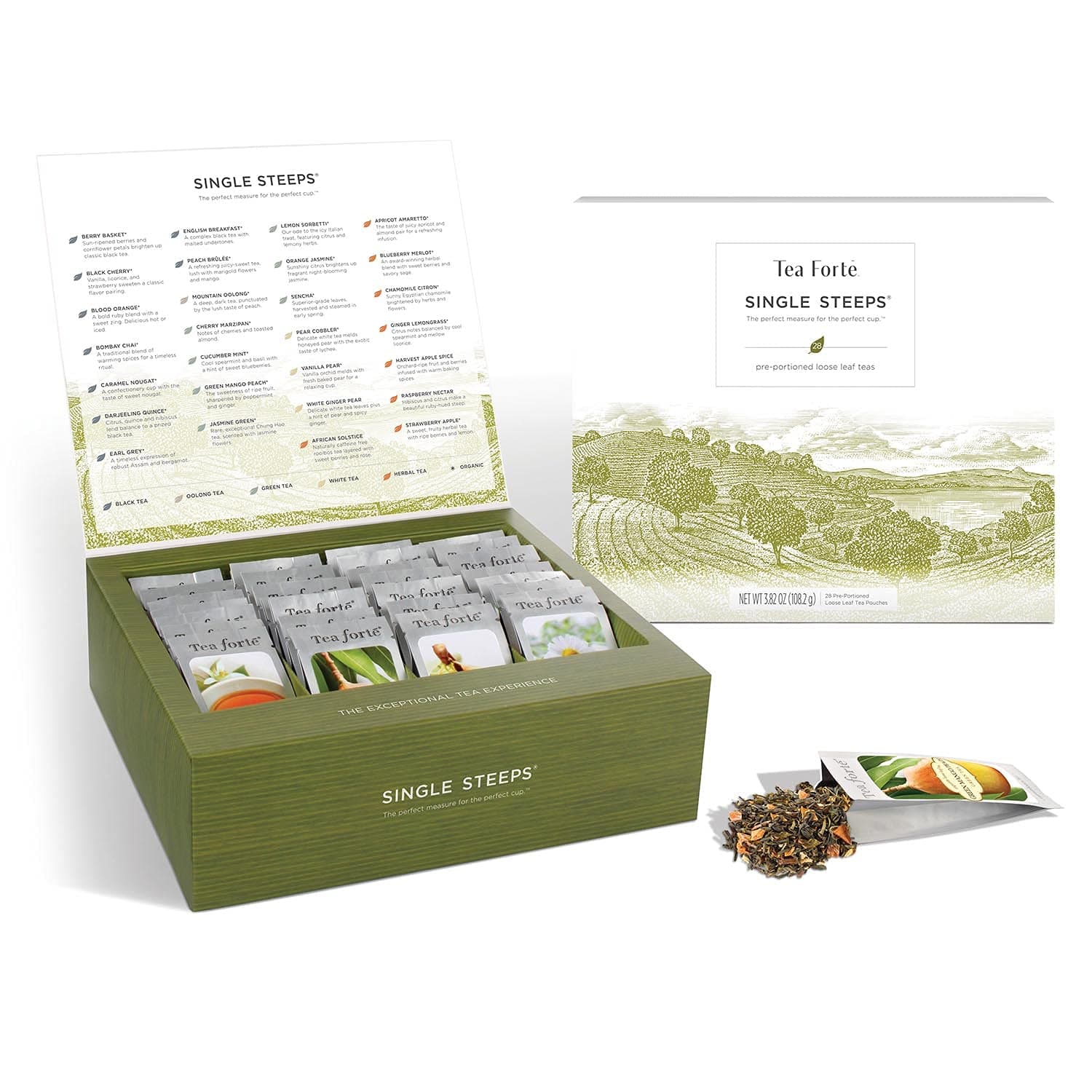Tea Forté SINGLE STEEPS Loose Tea Sampler, Assorted Variety TEA CHEST Gift Set, 28 Different Single Serve Pouches - Black, Green, White, Herbal Tea