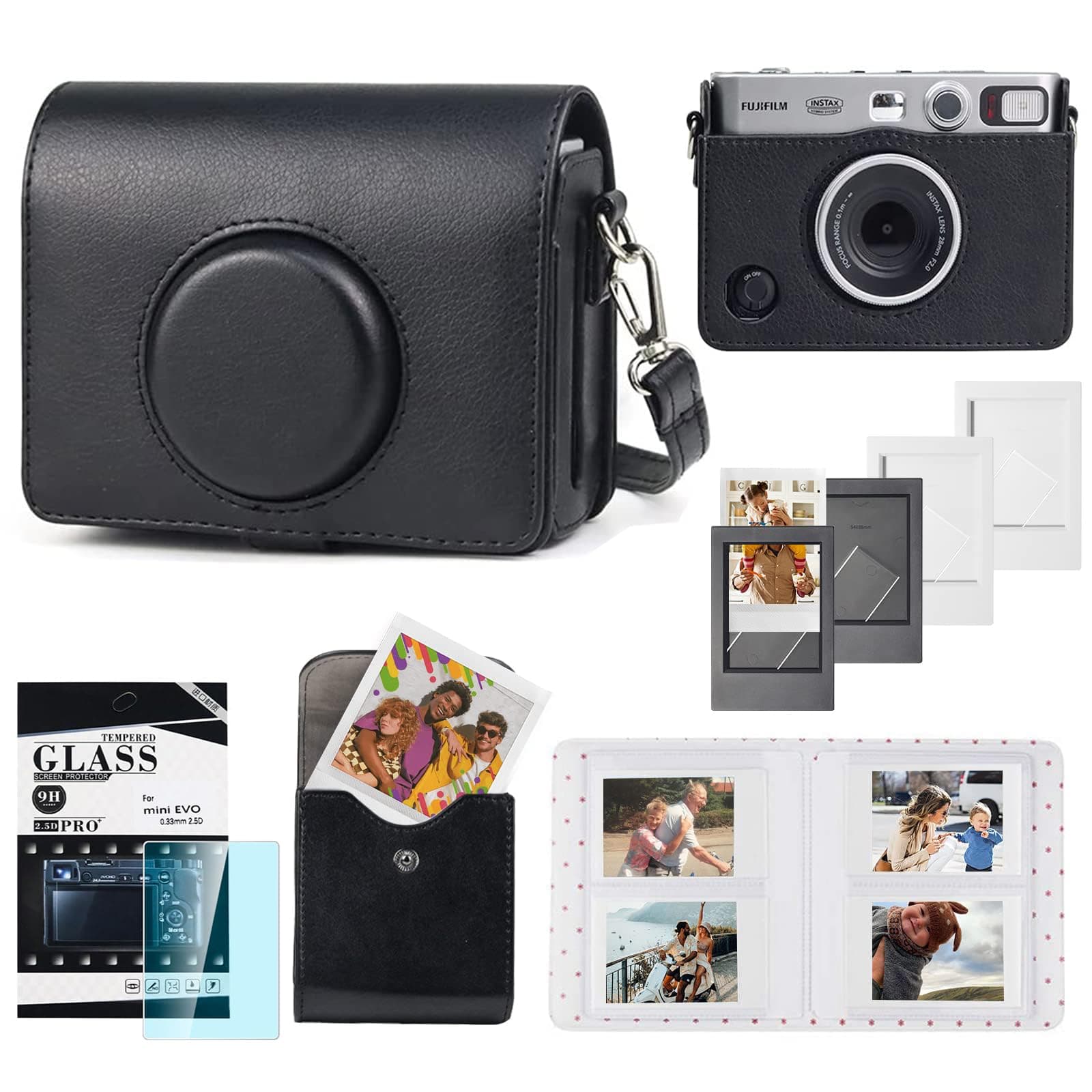 CAIYOULE Camera Case for Fujifilm Instax Mini EVO, Fuji Mini EVO Case Bag with Photo Pouch, Album, Frames, Screen Protector Accessories Kit - Vintage Black