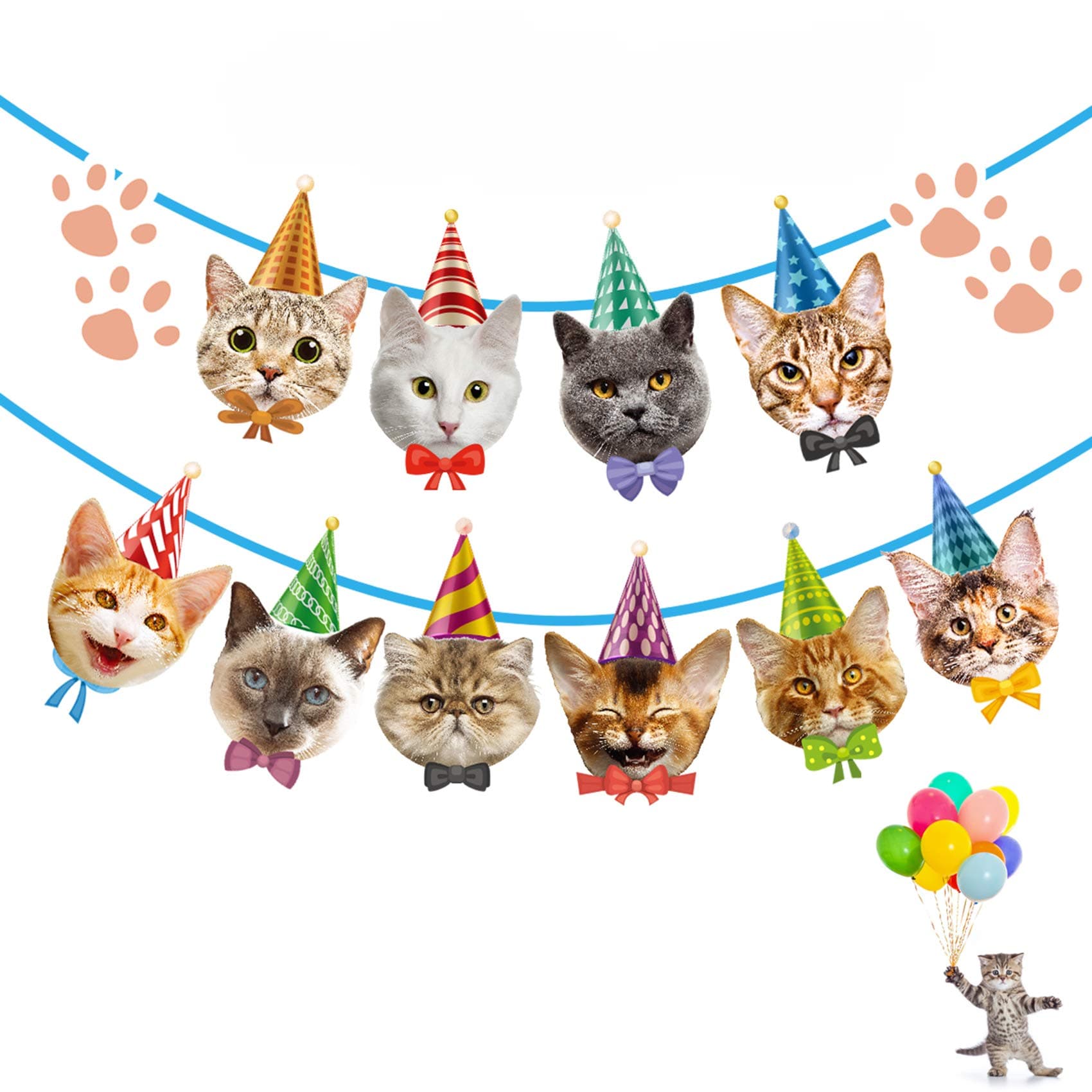 Cat Birthday Banner - No DIY Needed - Decorations Garland With Faces for Party Decor