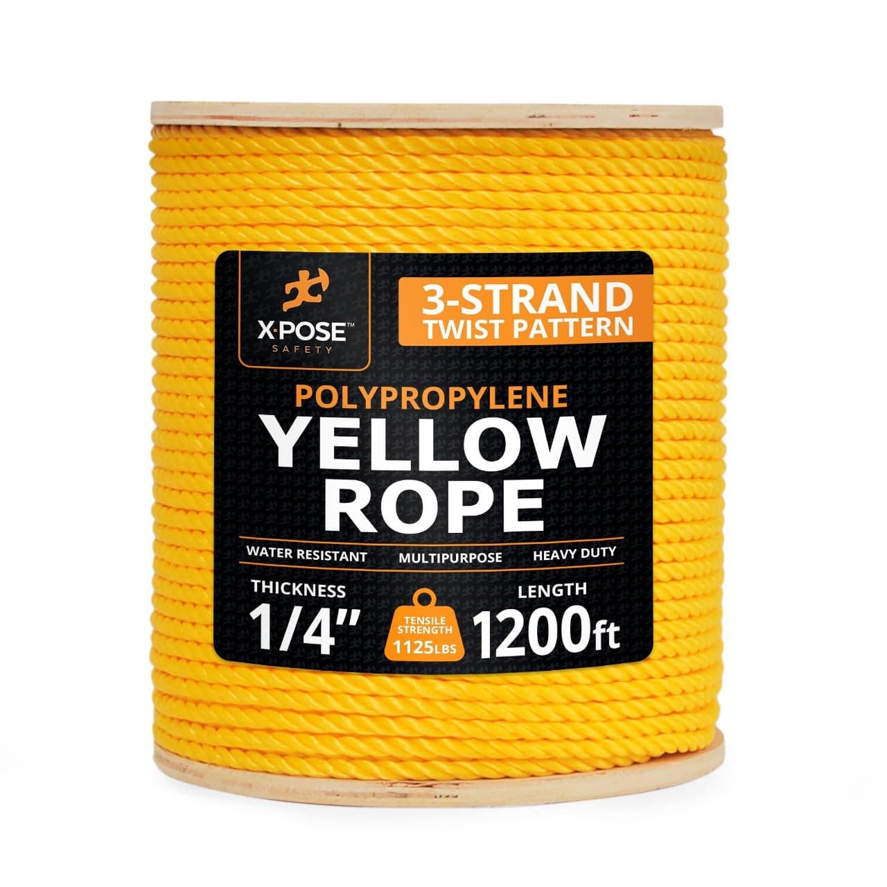 Yellow Twisted Polypropylene Rope, 1/4" Thickness x 1200' Length Heavy Duty Poly Ropes for Outdoor and Marine Use, Yellow Rope for Visibility & Safety