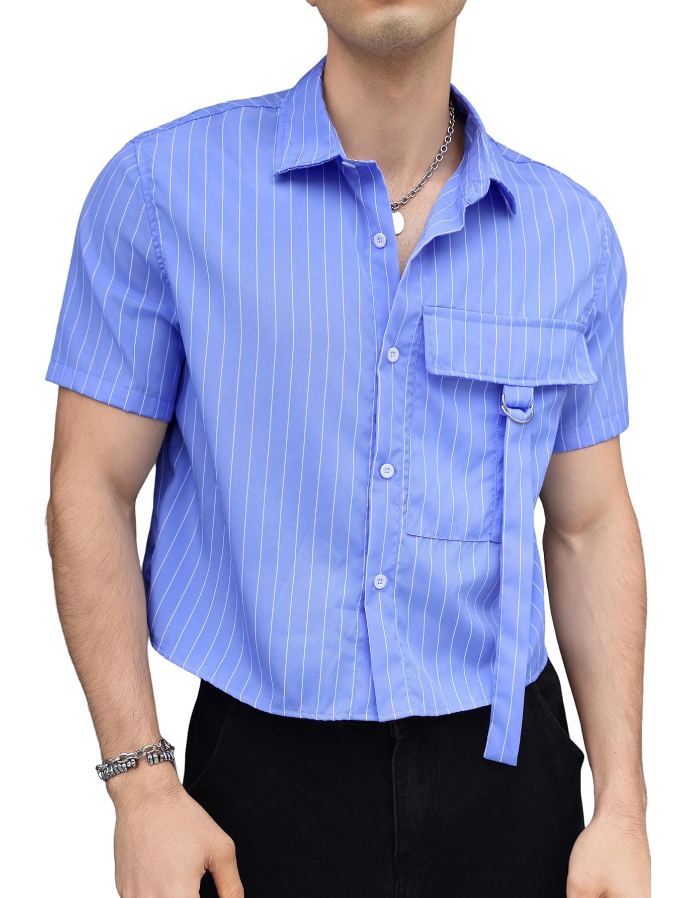 OYOANGLE Men's Striped Print Button Down Short Sleeve Flap Pocket Crop Shirt Tops