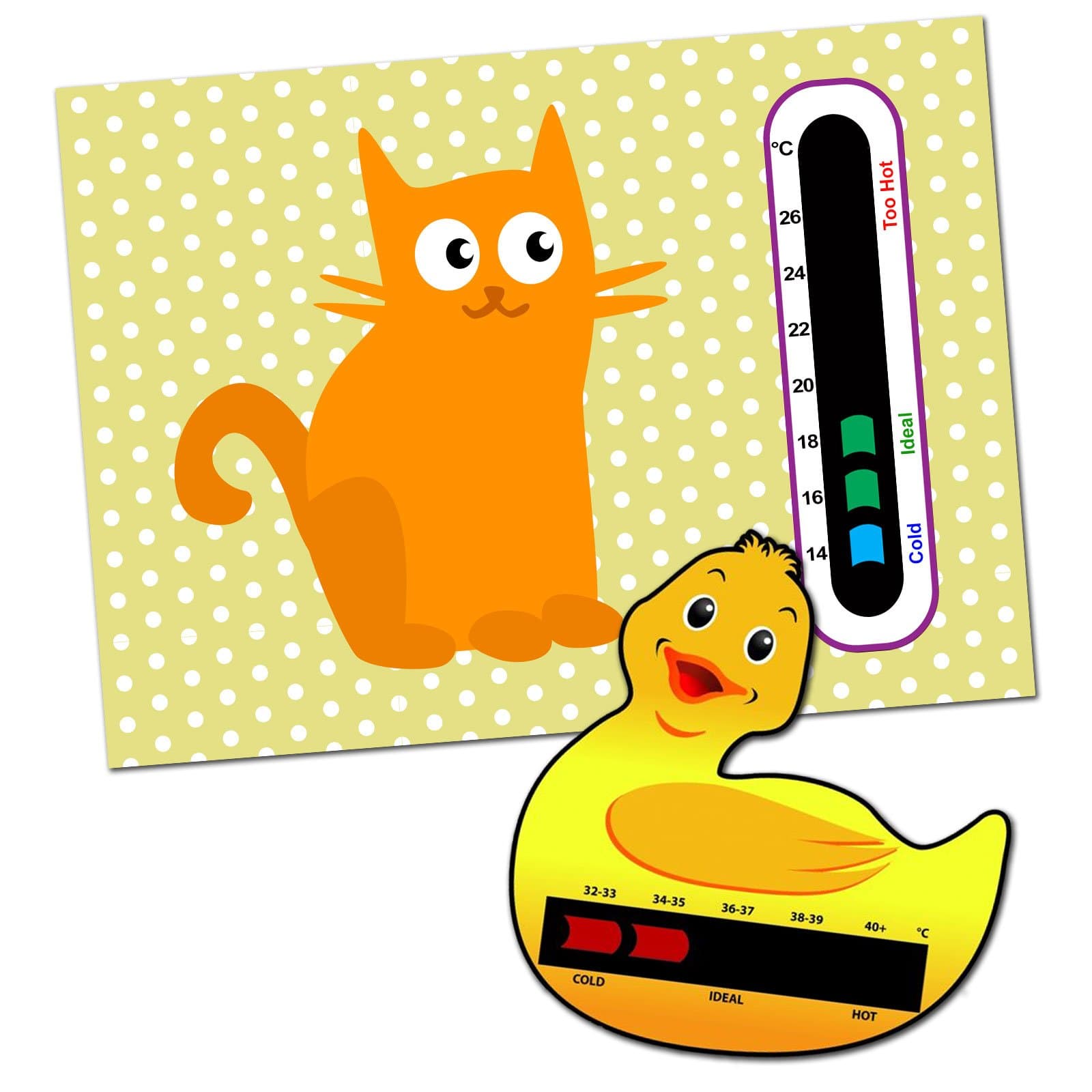 Baby and Child Home and Travel Thermometer Set to Monitor Temperature - Duck Baby Bath Thermometer & Cat Baby Room Nursery Thermometer