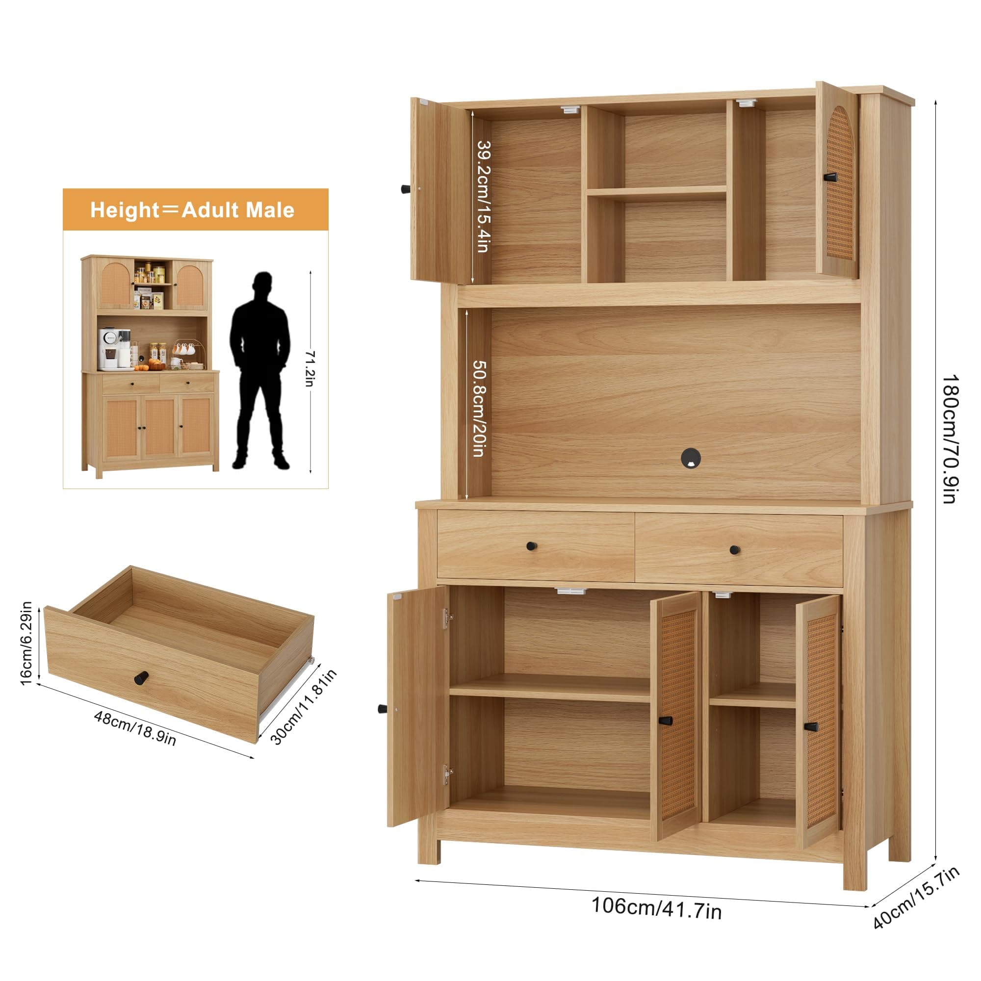 FINETONES 71" Kitchen Pantry Cabinet, Rattan Pantry Cabinet with Microwave Stand & Charging Hole, Freestanding Kitchen Hutch with Drawers and Adjustable Shelves, Walnut