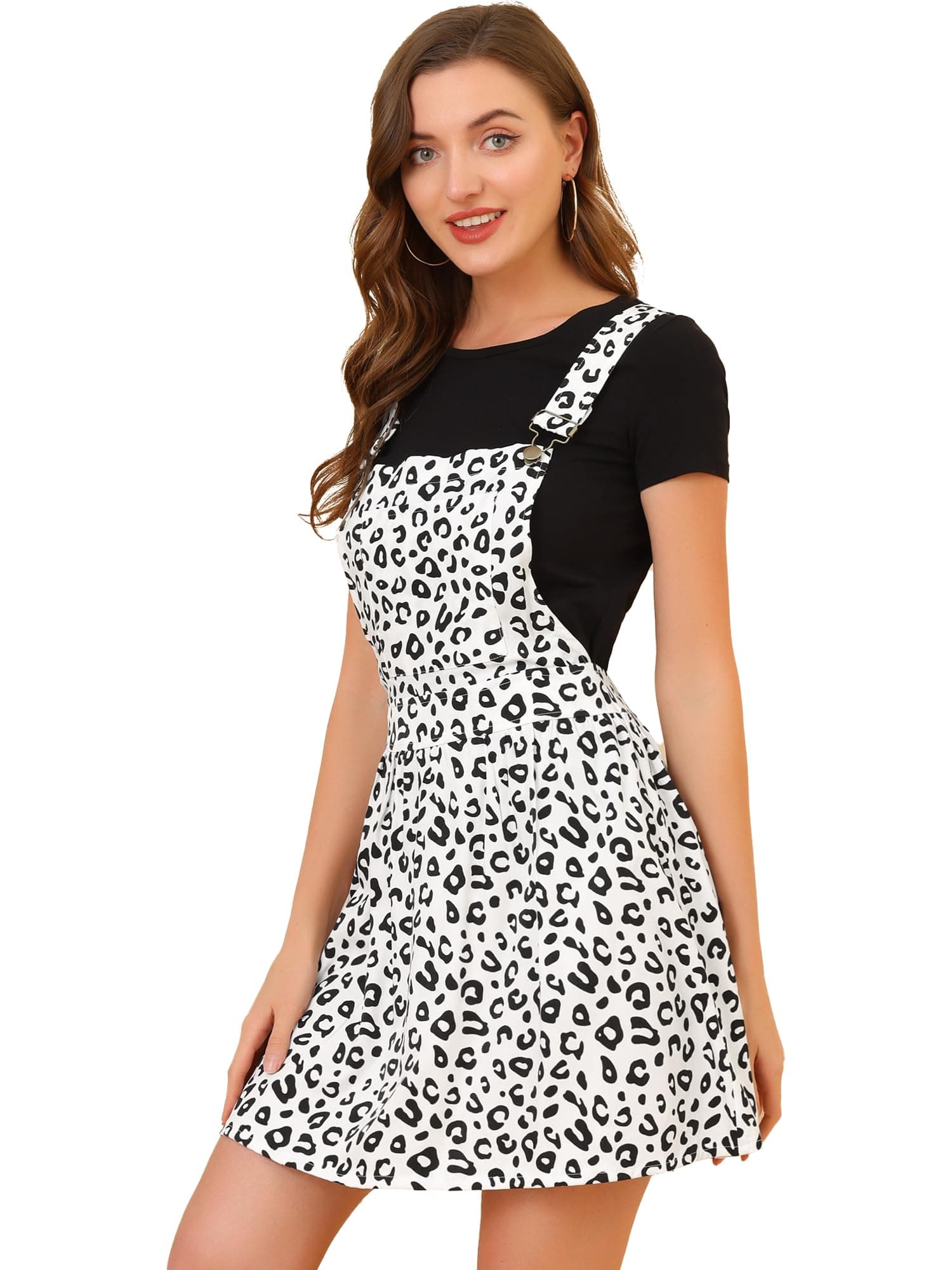 Allegra K Women's Printed Overall Adjustable Straps Suspender Mini Chambray Pinafore Dress