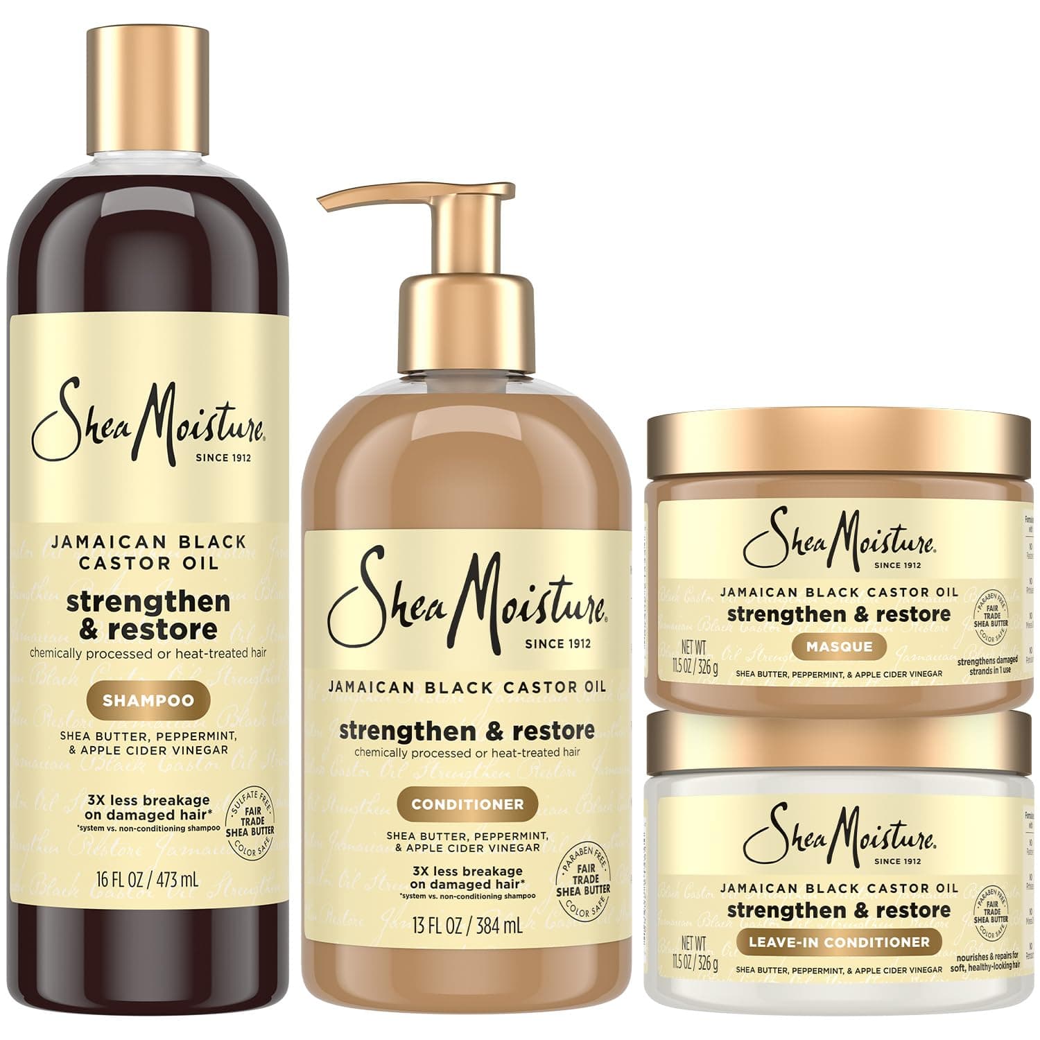 SheaMoisture Jamaican Black Castor Oil Strengthen & Restore Hair Repair Shampoo, Conditioner, Masque + Leave-In Conditioner Bundle