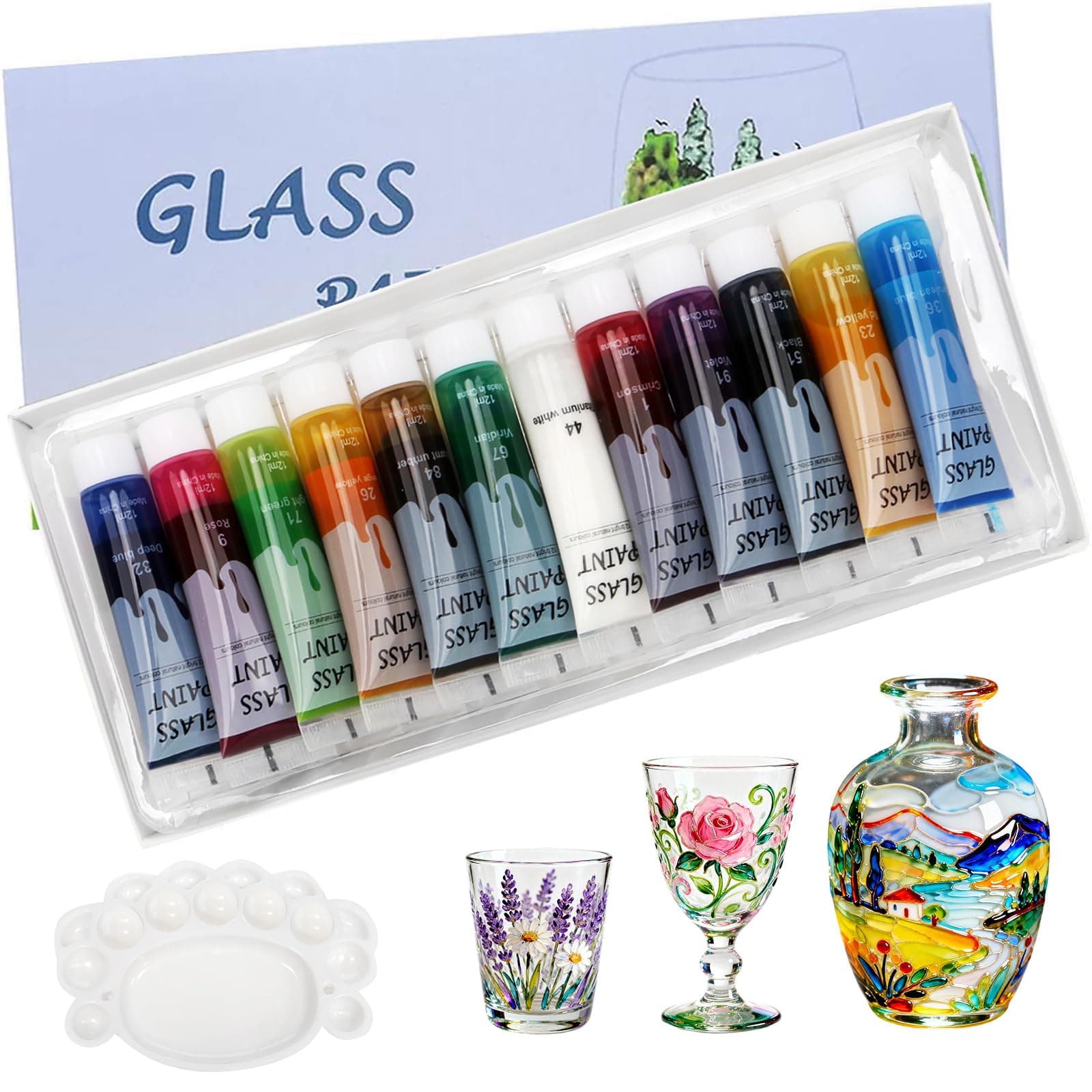 Professional Glass Paint Set for Glass – 12 Palette Colours, Non-Toxic Paint, Artisan Satin Paint, 12 x 12 ml, Rich Pigment