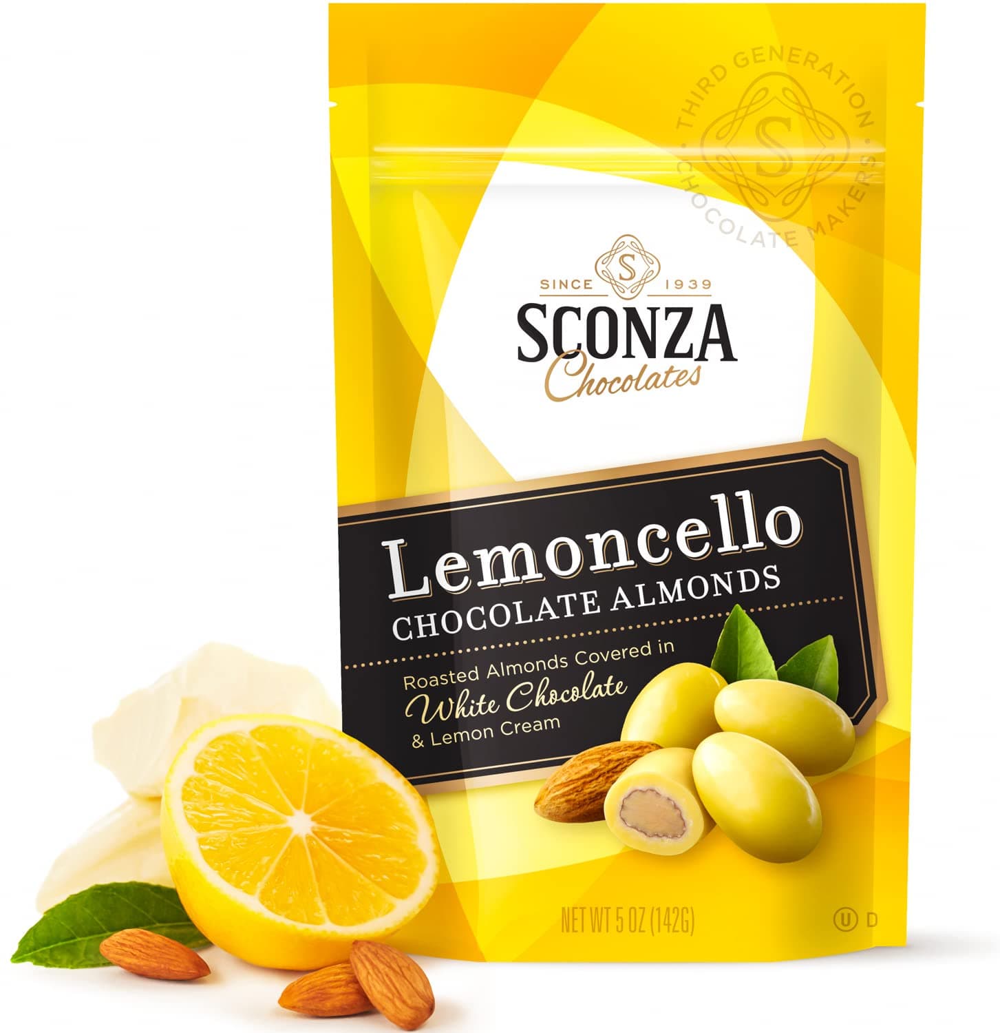 Lemoncello Chocolate Covered Almonds Brought to you by Nutic, Produced by Sconza - Roasted Almond Covered in White Chocolate and Lemon Creme Candy |5 Oz | Gift Snack