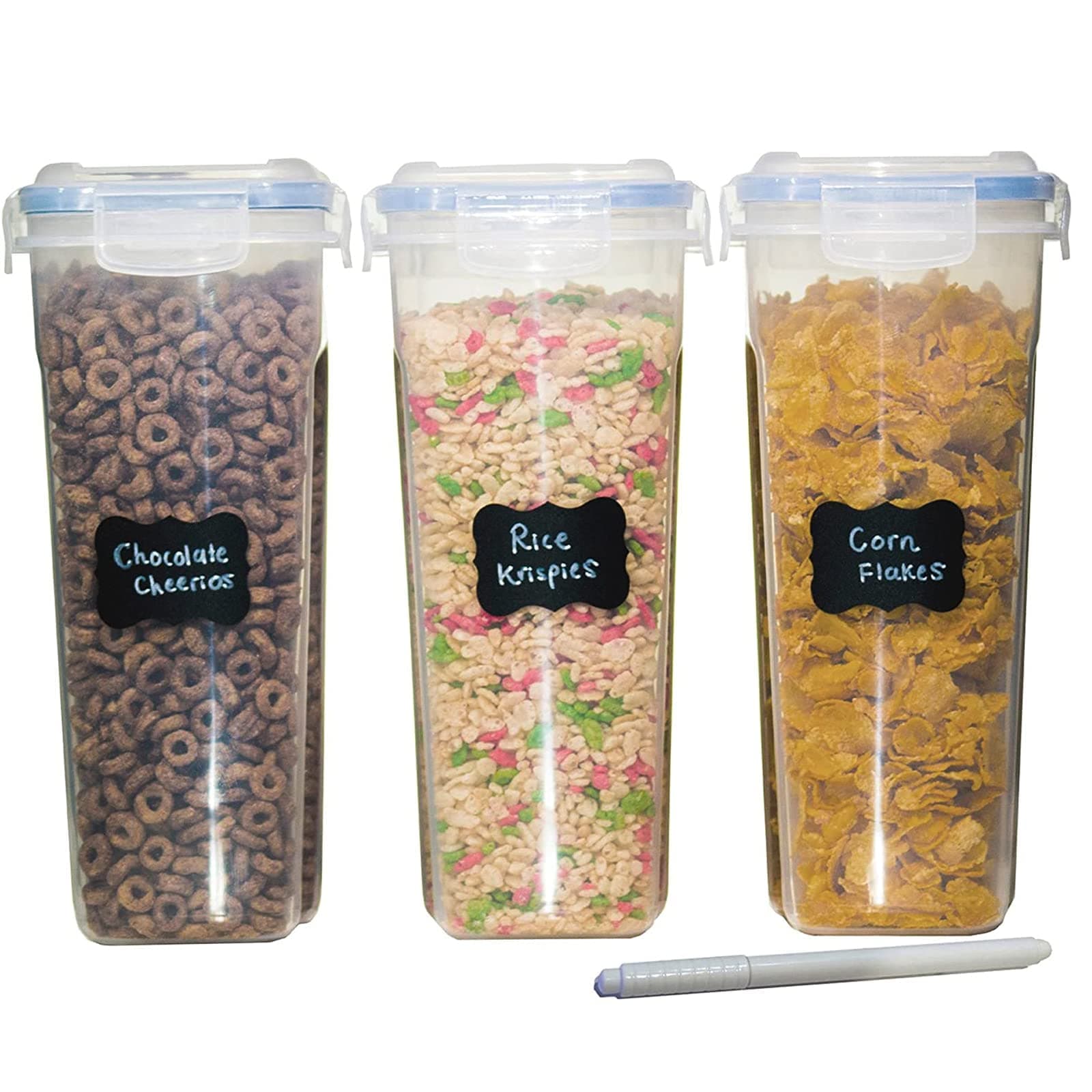 Cereal Storage Container Set, BPA Free Plastic Airtight Food Storage Containers 135.2 oz for Cereal, Snacks and Sugar, 3 Piece Set Cereal Dispensers with 16 Chalkboard Labels, blue