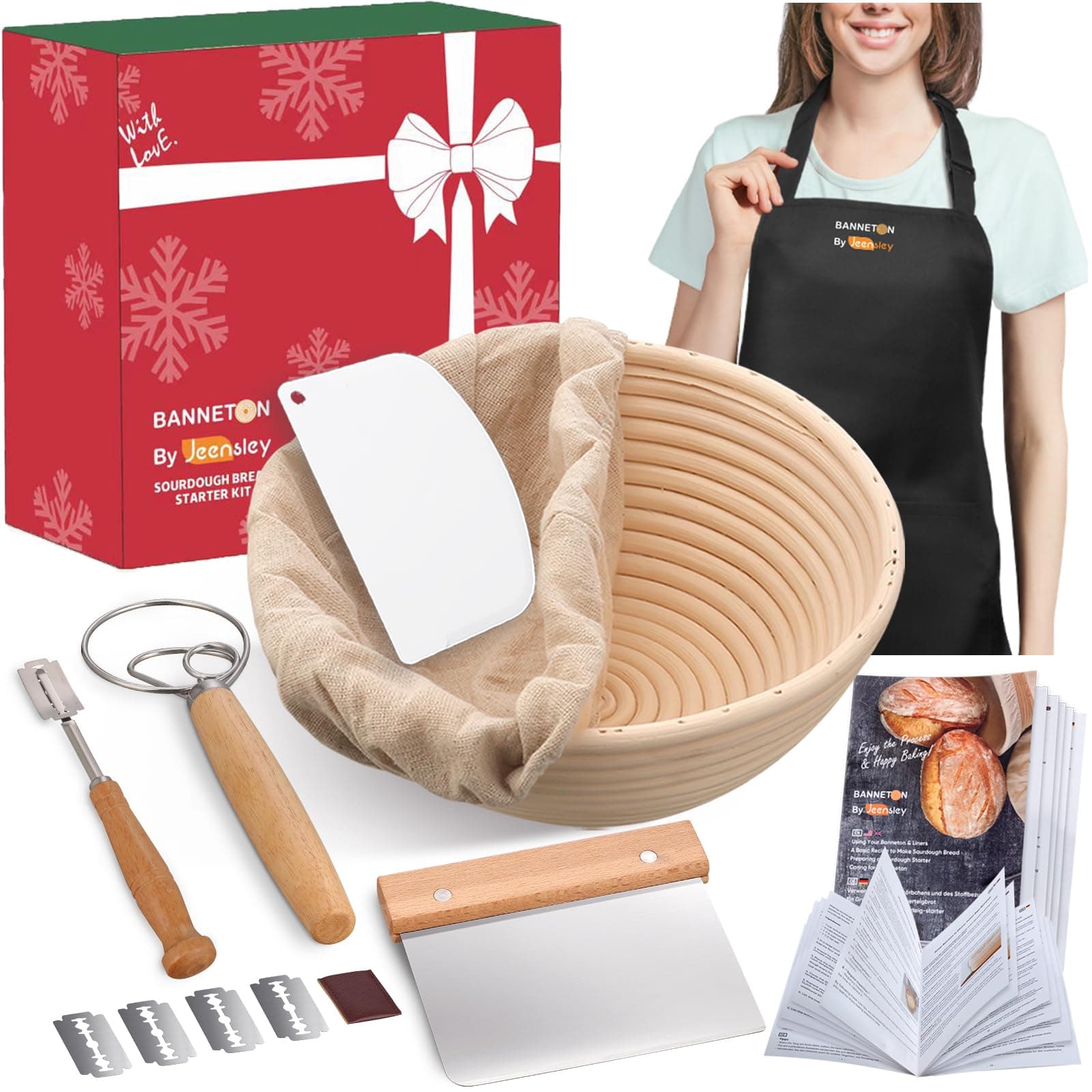 Banneton Bread Proofing Basket Set with Apron, Brochure & Baking Supplies, 9 Inch Round Proving Bowl with Liner & Bread Making Tools, Sourdough Starter Kit