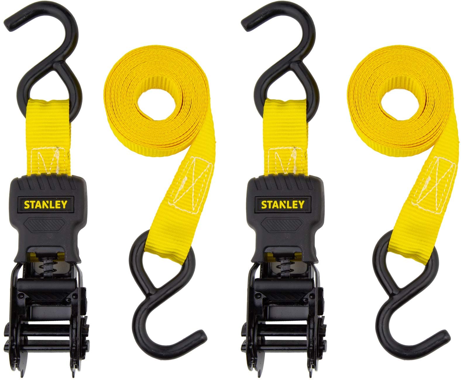 STANLEY S10002 Black/Yellow 1" x 10' Ratchet Tie Down Straps - 500 lb Safe Working Load / 1,500 lbs Break Strength, 2 Pack