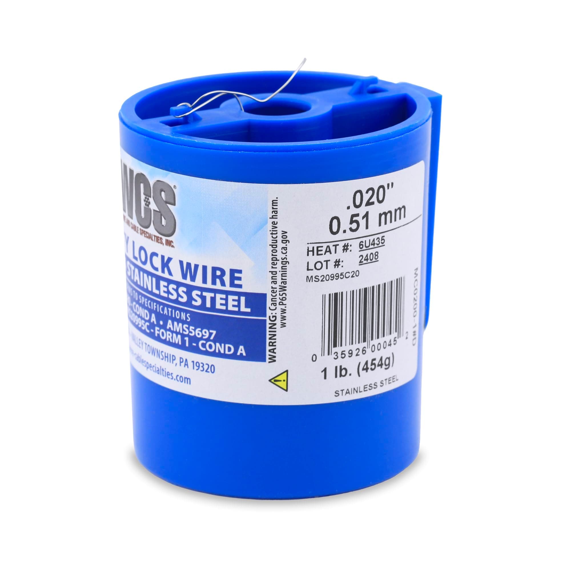 Lock Wire, T302/304 Stainless, NASM20995, MS20995C, ASTM A580 Cond A, AMS5697, .020 in (0.51 mm), 1 lb (0.45 kg) Dispenser Can, Approx. 925 ft (281 m)