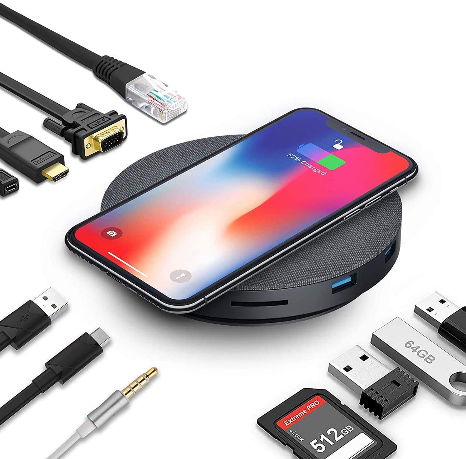 2021 Version USB C Hub with Wireless Charger,11 in 1 USB C Adapter with Ethernet,4K USB C to HDMI,VGA,3 USB3.0 PD,SD TF Card Reader,Audio/Mic,for MacBook Pro,Ipad Pro and Other Type C Laptops