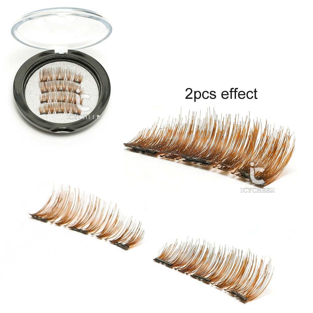 ICYCHEER Brown Color Magnetic Eyelashes 1 Pair (4pcs) Triple Magnetic False Eyelashes No Glue 3D Reusable Fake Three Eyelashes 0.2mm Ultra Thin Handmade Eye Lashes Ultra Soft Natural Look