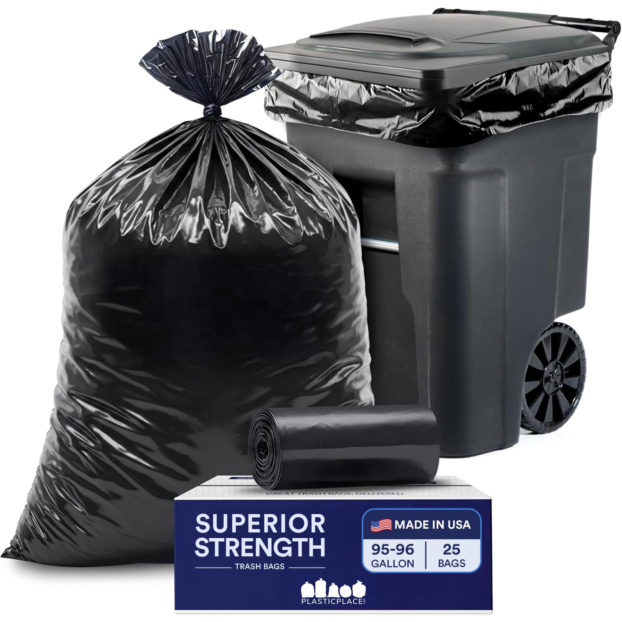 Plasticplace 95-96 Gallon Garbage Can Liners Heavy Duty 1.5 Mil Black Trash Bags Tear-Resistant Outdoor Garbage Bags for Rollaway Bins Large 61" x 68" Industrial-Strength Waste Bags (25 Count)
