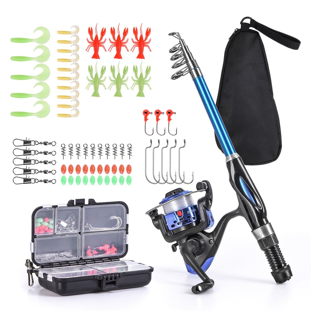 Leo (13OCM Rod and Reel Combos with Full Kits and Carry Bag) - Light Weight Kids Fishing Pole Telescopic Fishing Rod and Reel Combos with Full Kits Lure Case and Carry Bag for Youth Fishing and Beg...