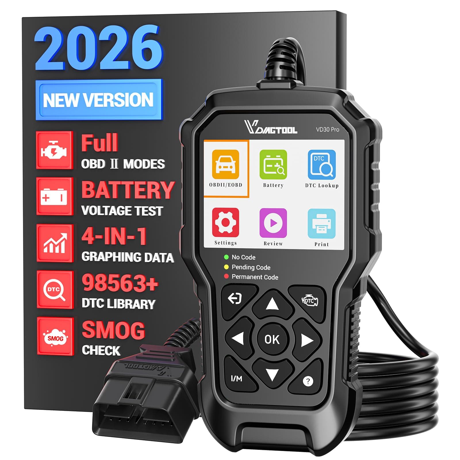 VDIAGTOOL VD30 Pro Car Code Reader, OBD2 Scanner Diagnostic Tool for Cars and Trucks, Check Engine Code Reader, OBD2 Scanner with Reset, escaner automotriz I/M Readiness for All OBDII Vehicles