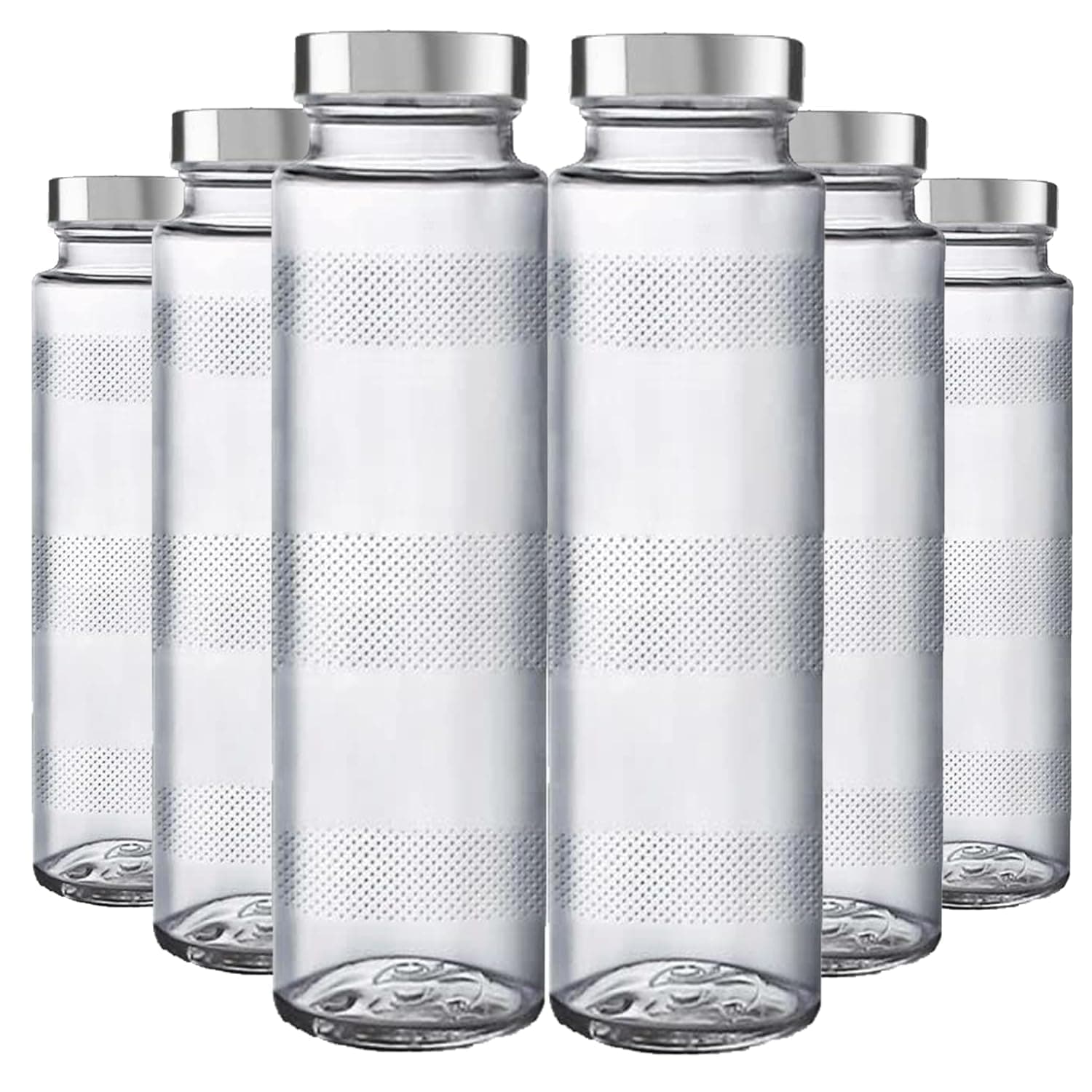 Set of 6 Glass Fridge Water Bottle with Airtight Leak proof steel Cap – Ideal for Milk, Juice, Shakes & Fridge Storage – Premium Glass Bottle Set for Men, Women & Girls