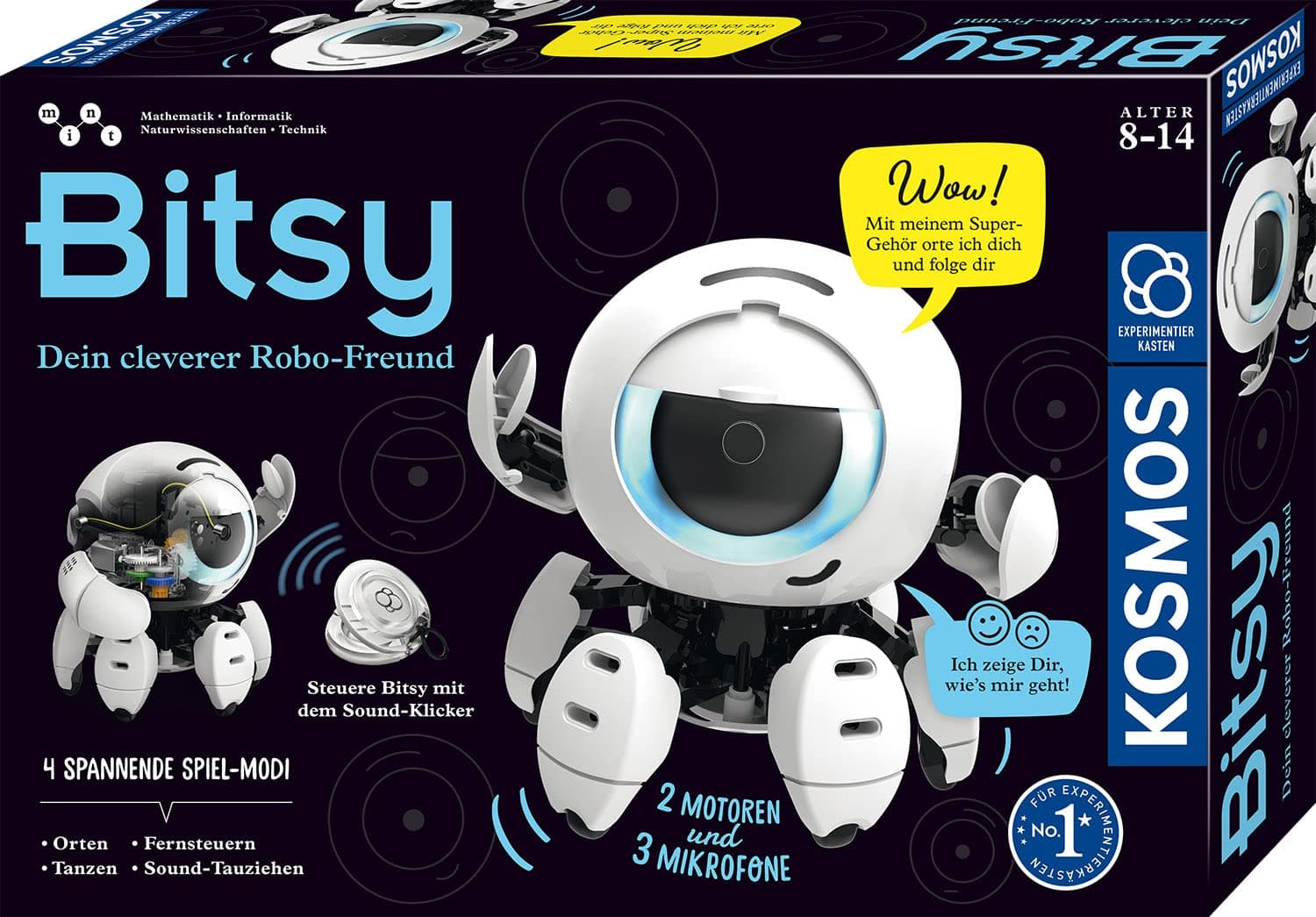 KOSMOS 621094 Bitsy - Your Clever Robo-Friend, Robot for Children, Control Bitsy with Sound Clicker, Toy for Children, Experiment Box from 8-12 Years