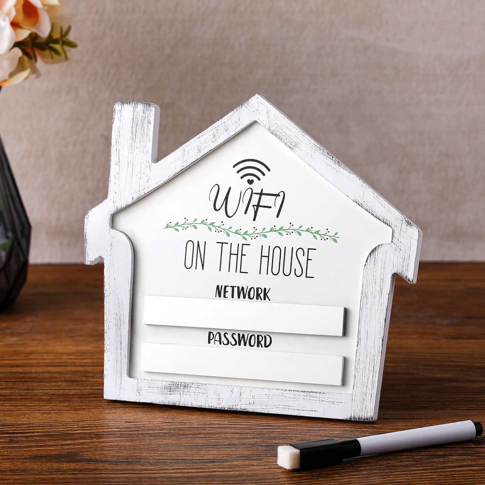 Wifi Sign with Marker Pen, Wifi Password Sign for Home Farmhouse Wood Home Decor Plaque with Writable and Erasable Surface, Hang or Stand, House Rustic Decorative(White)