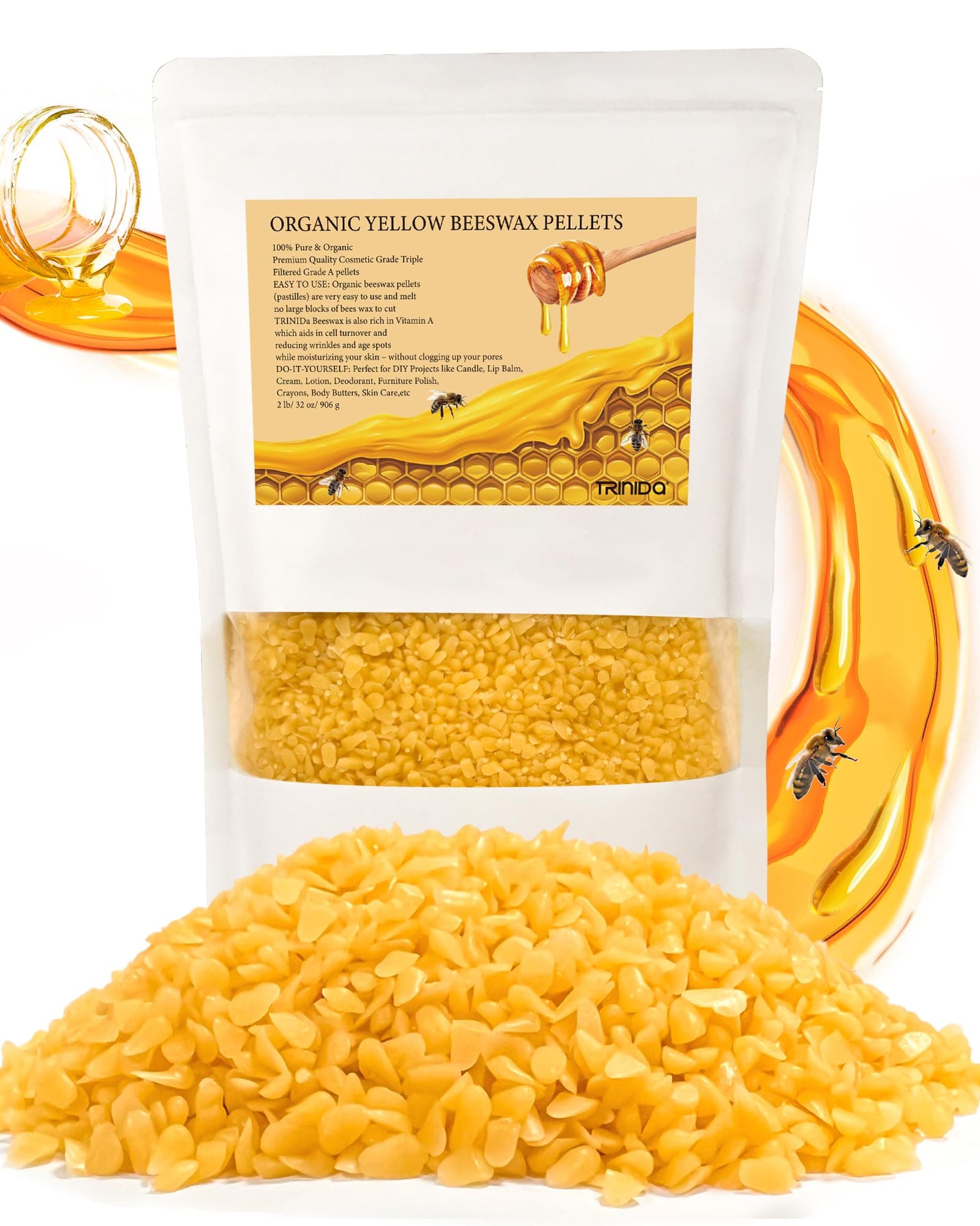 TRINIDa Beeswax Pellets 2LB(32 oz), Organic Yellow Bees Wax for DIY Candles, Beeswax for Candle Making, Skin, Body, Face, and Hair Care, Lotions, DIY Creams, Lip Balm and Soap Making Supplies