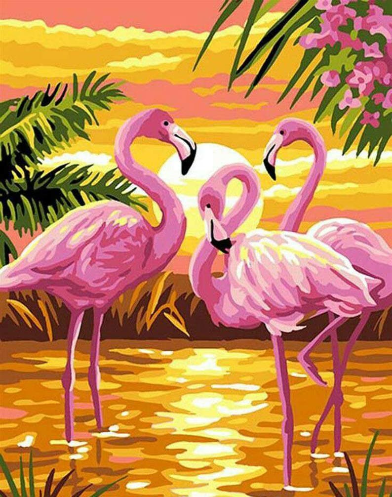 TSING DIY Crystals Paint Kit 5D Diamond Painting by Number Kits, Flamingos at Dusk - 11x13.9 inches