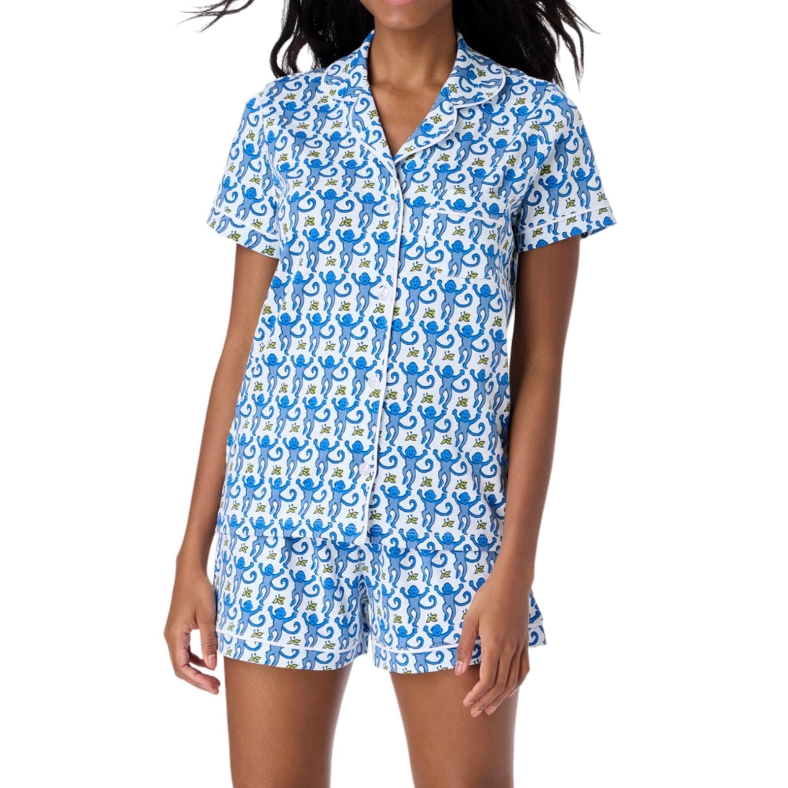 ZelbuckWomens Pajamas Set Trendy 2 Piece Button Down Monkey Bunny Shorts Set Y2k Roller Dupes Rabbit Preppy Loungewear Pjs Blue, Small