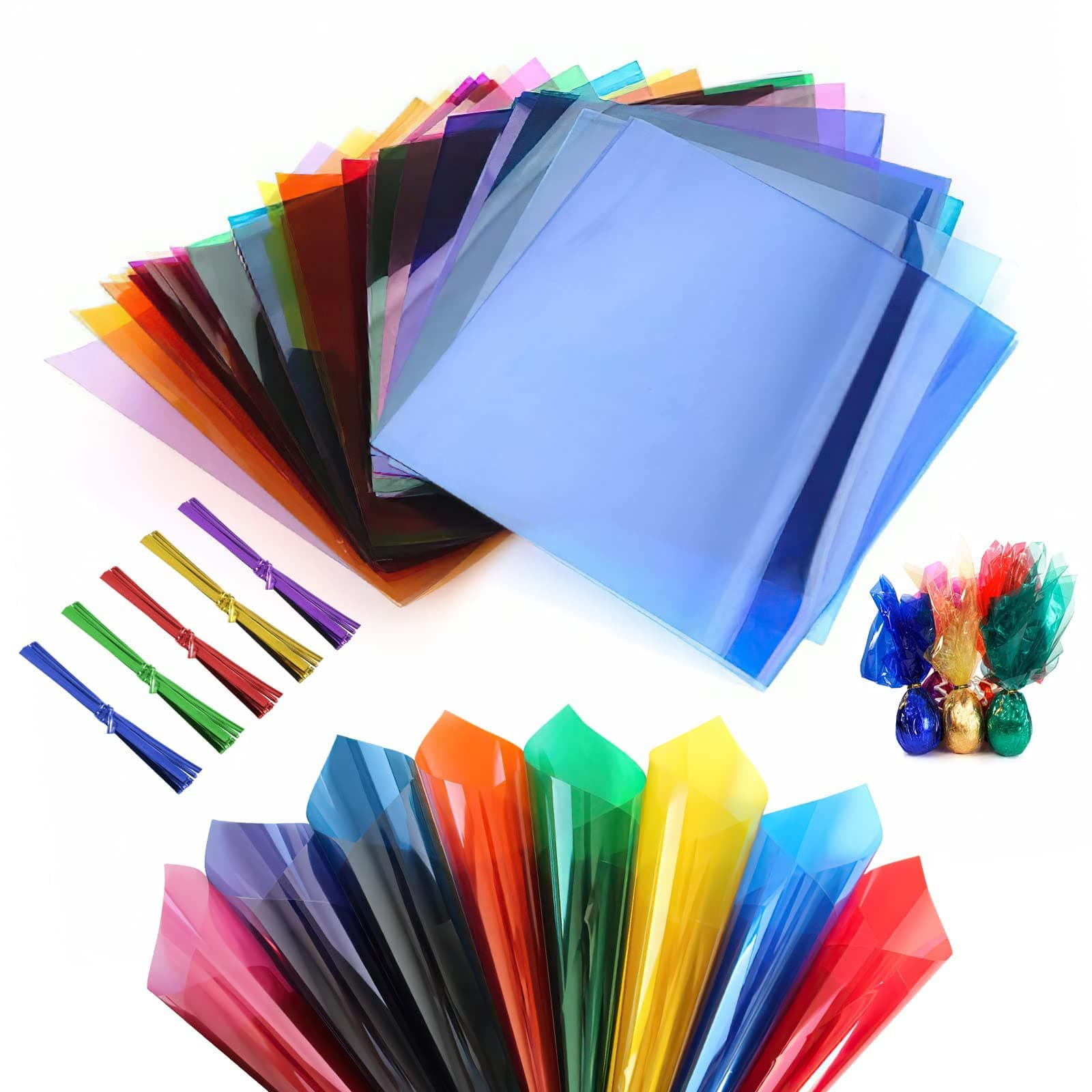 CHAVA Candy Cellophane Wrappers, 160 Sheets Mixed Colors Cellophane Wrap Transparency Cellophane Sheets with Twist Ties for DIY Arts Crafts Decoration and Gift Packing