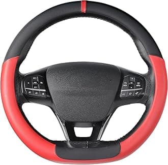 SEG Direct Flat Bottom Steering Wheel Cover, D Shaped Car Wheel Cover 14 1/2-15 in. (37-39 cm), Black Red Microfiber Leather