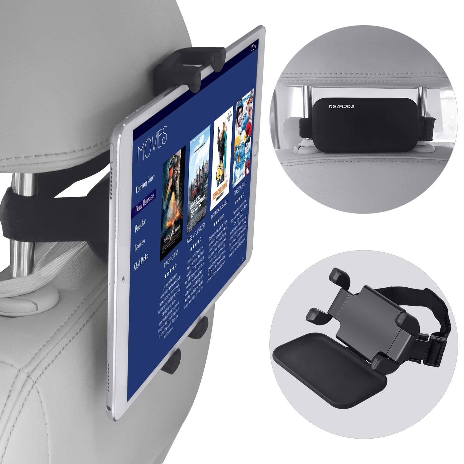 NEARPOW Car Headrest Mount, 360°Rotation Tablet Holder for Car Back Seat, Angle Adjustable and Universal Vehicle, Stand Cradle Compatible with 4.7-12.9” iPad Air/Mini/Pro Samsung Galaxy Tabs