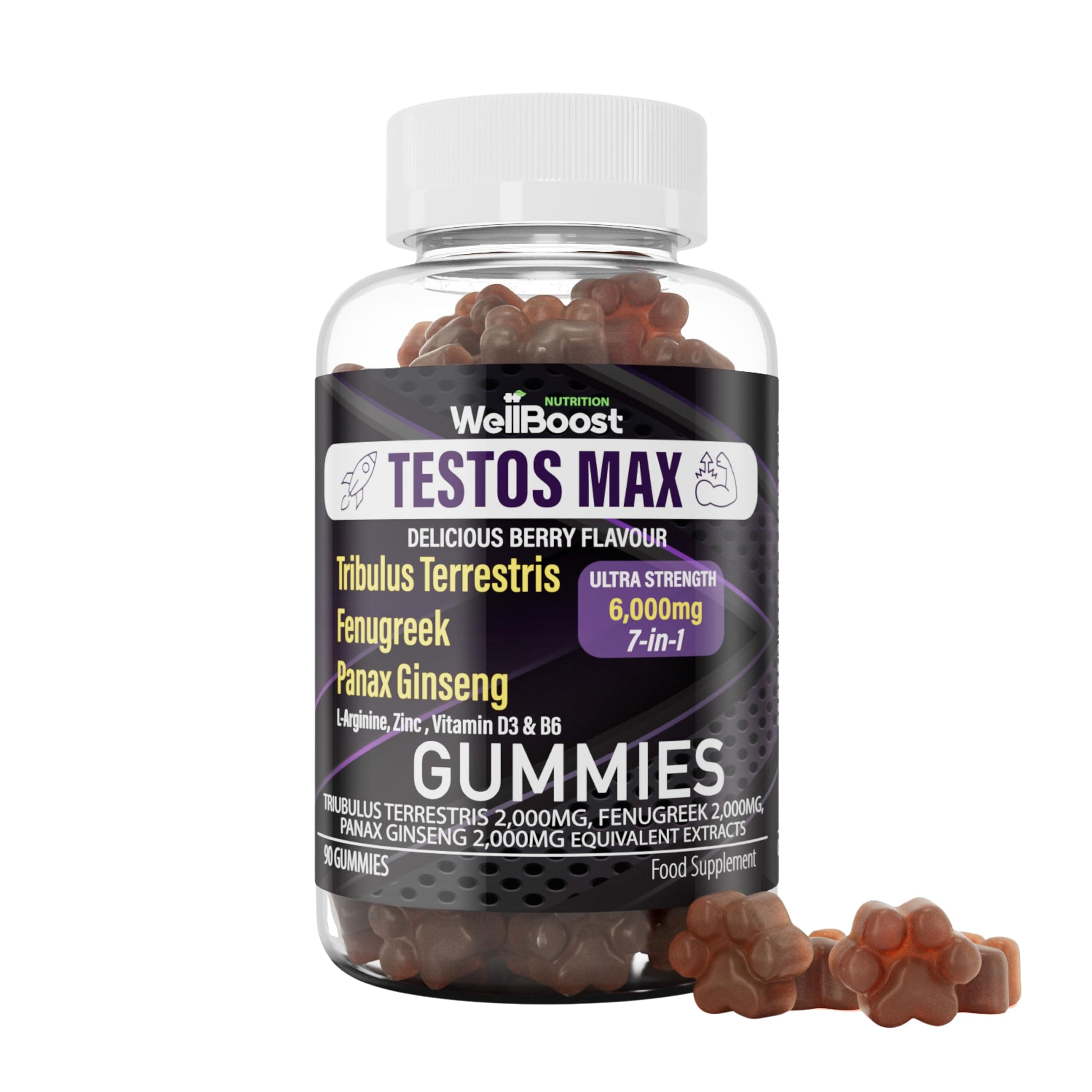 Testos MAX Strength Gummies - 6000mg 7-in-1 Tribulus, Fenugreek, Ginseng, L-Arginine, Zinc, Vitamin D3 & B6 - Vegan, Sugar-Free, Berry Flavour - Supports Muscle Growth & Vitality for Adults