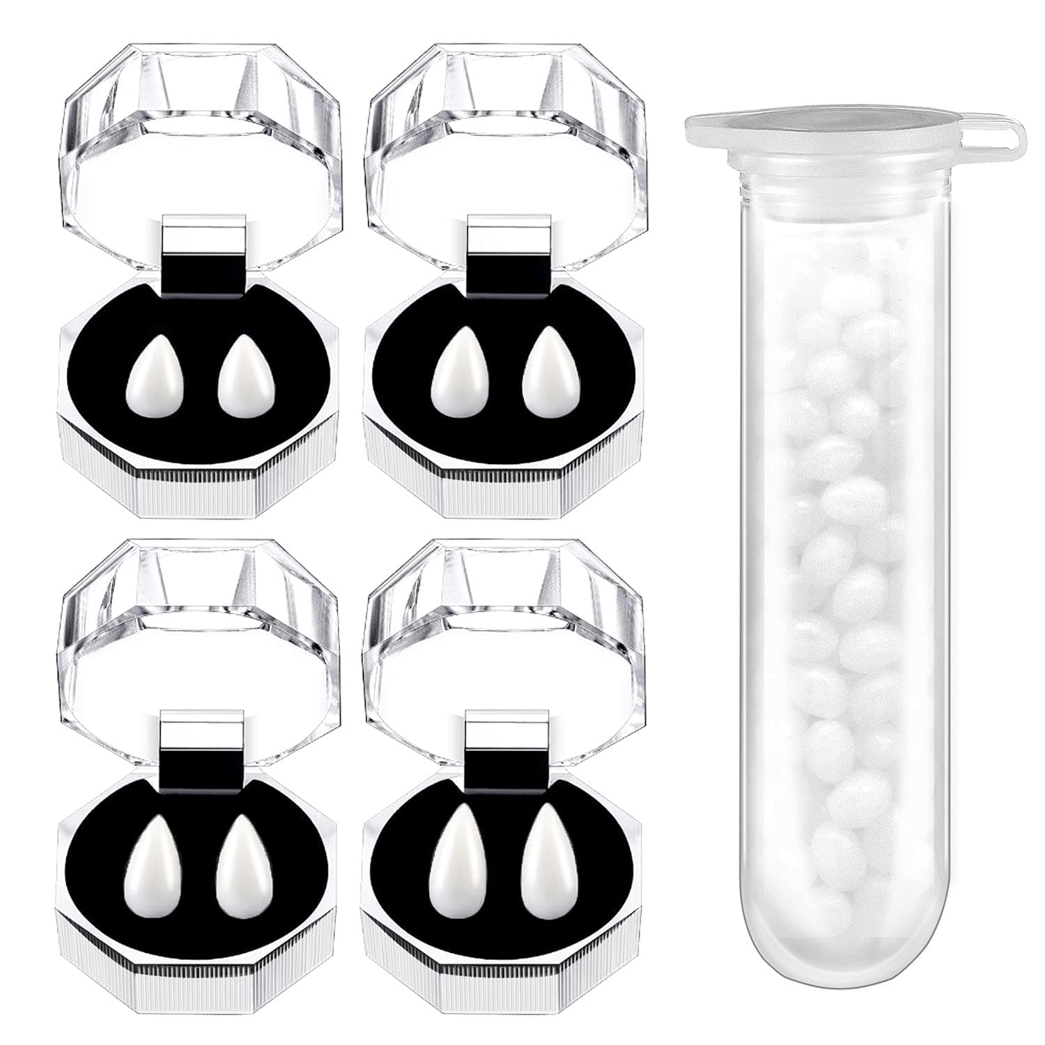 4 Pairs Halloween Vampire Fangs Teeth with Adhesive for Adult Kids Cosplay Realistic Horror Props Halloween Party Decoration Accessories (White，0.52In, 0.59In, 0.67In,0.75In)