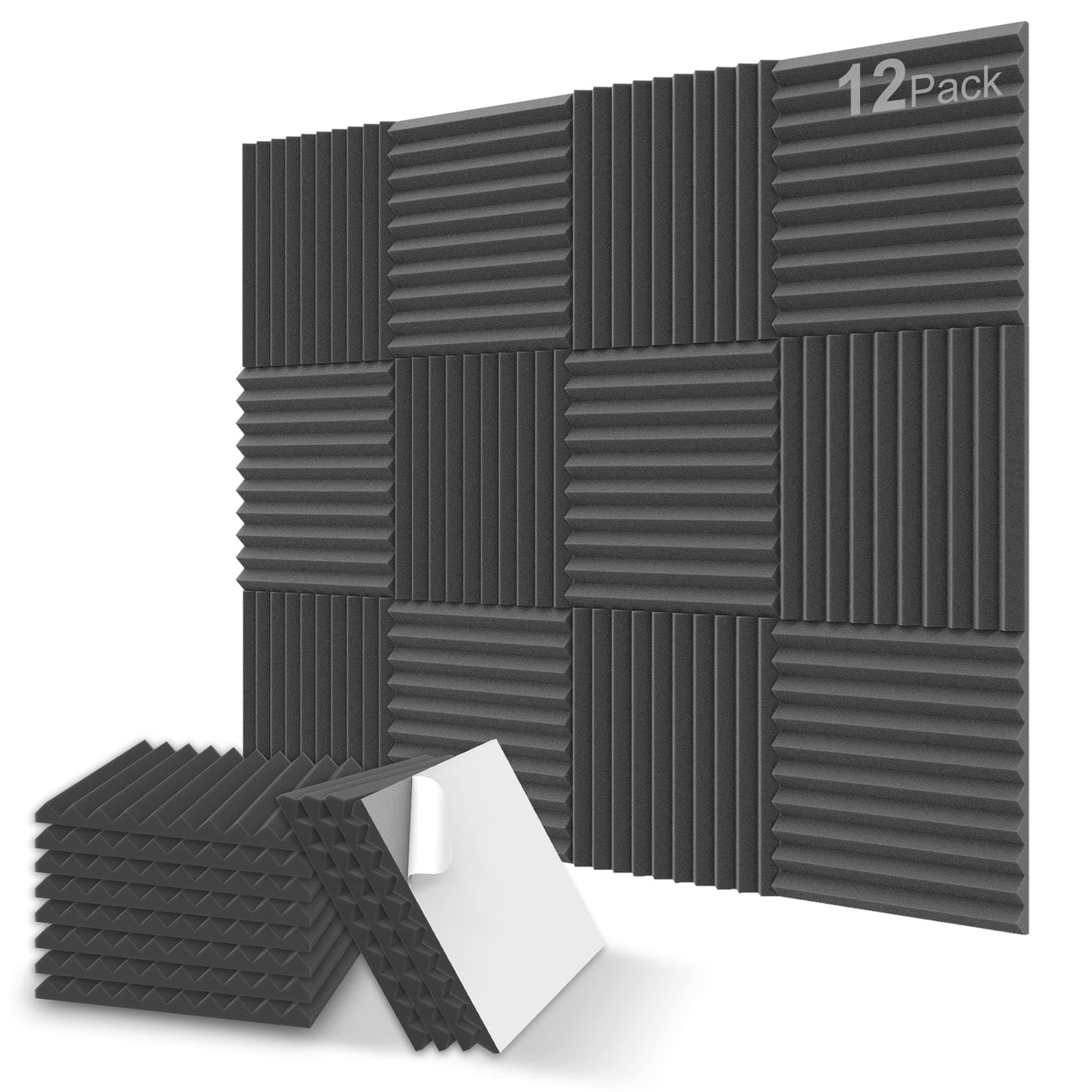 JBER 12 Pack - Charcoal Acoustic Panels Studio Foam Wedges 2.5 X 30 X 30cm/1" X 12" X 12" (12-pack-black, Self-Adhesive)