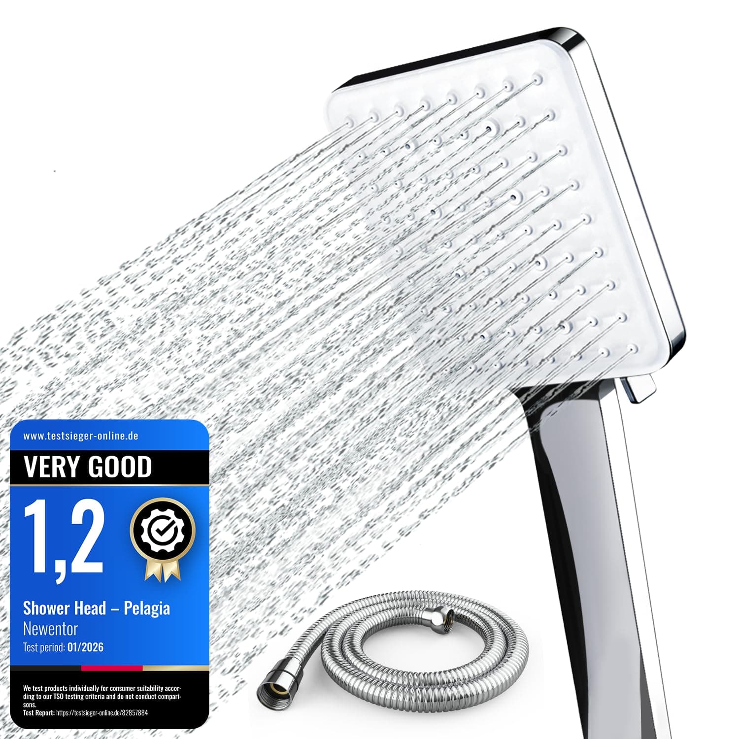 Newentor Shower Head with Hose[TESTSIEGER], High Pressure with Hose Set 1.5m, Universal Shower Head with 6 Settings Spray Mode, Silver