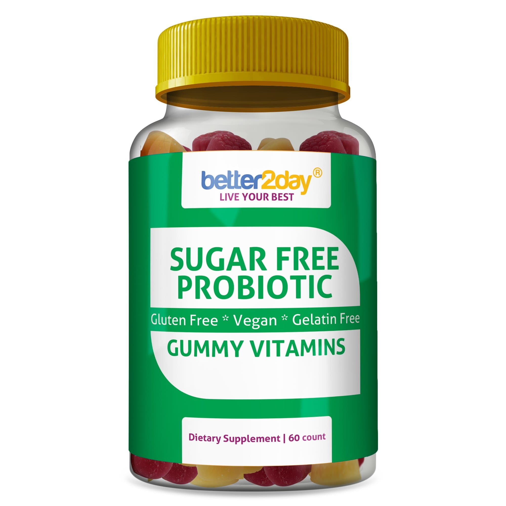 Sugar Free Probiotic Gummies by Better2Day. 5 Billion CFU. for Adults - Digestive Health, Gut Support & Immunity. Delicious, Natural Fruit-Flavored, Vegan and GMO-Free Gummy Vitamin. (60 Count)