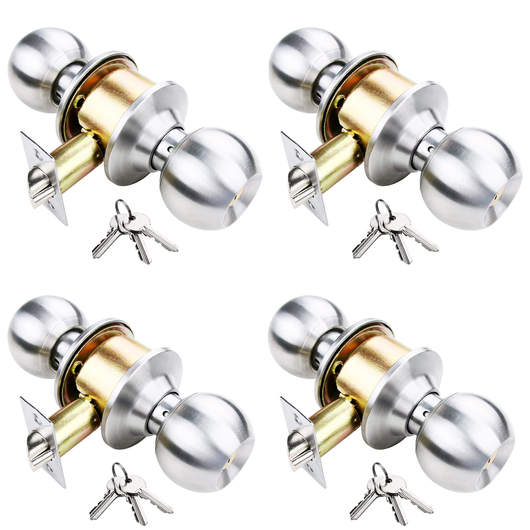 4 Pack Keyed Alike Door Knob with Lock and Key Bathroom Bedroom Door Knob Round Knob Door Handle Ball Entry Door Knob Front Exterior Privacy Locksets in Satin Nickel 4 Pack High Security Silver HVH