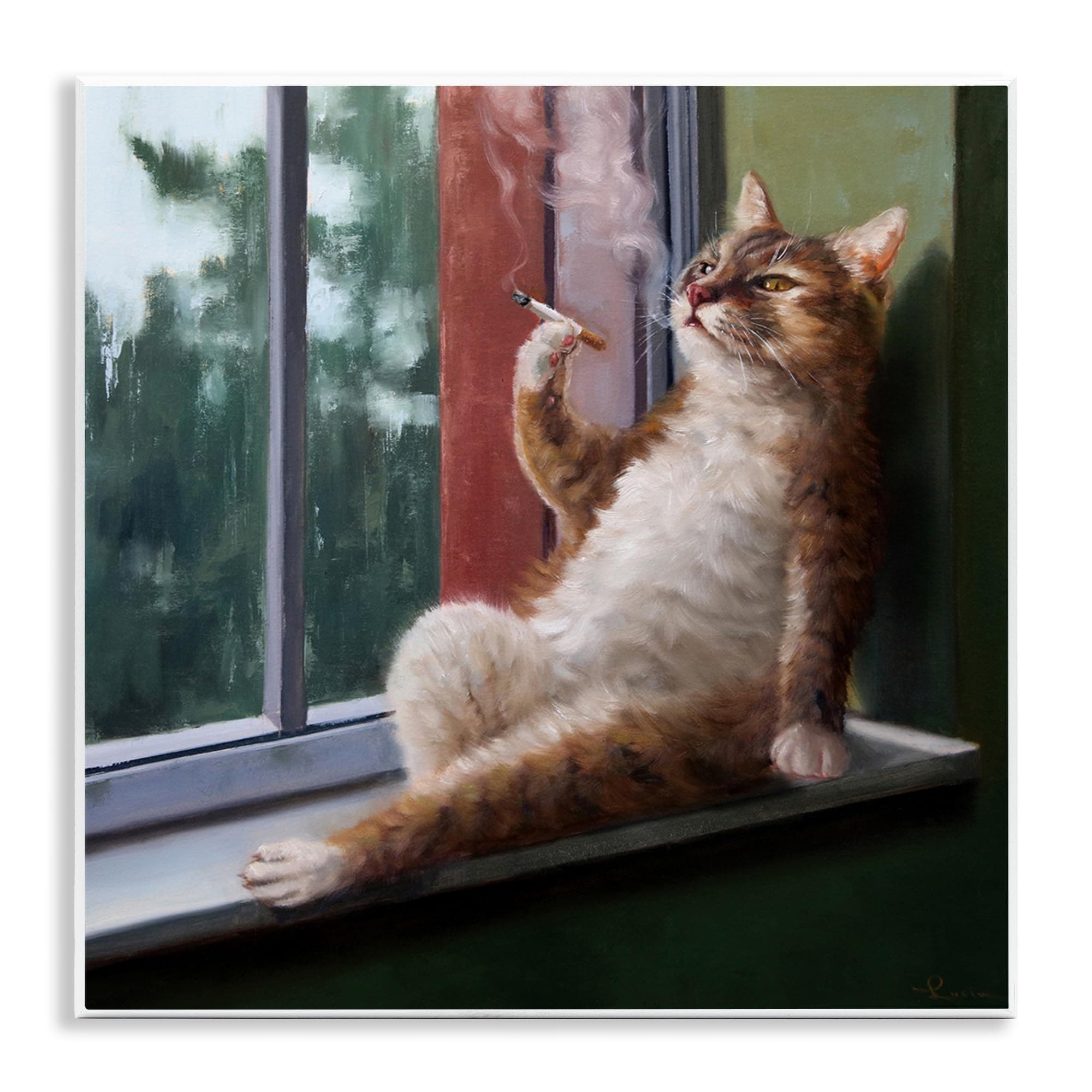 Stupell IndustriesHouse Cat Smoking Lounging in Window Pane, Designed by Lucia Heffernan Wall Plaque, 12 x 12, Brown