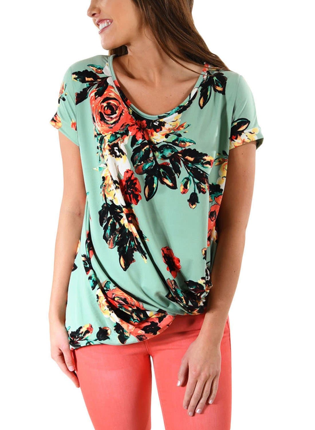 Stormmall Womens Short Sleeve Floral Print Knot Front T-Shirts Tops
