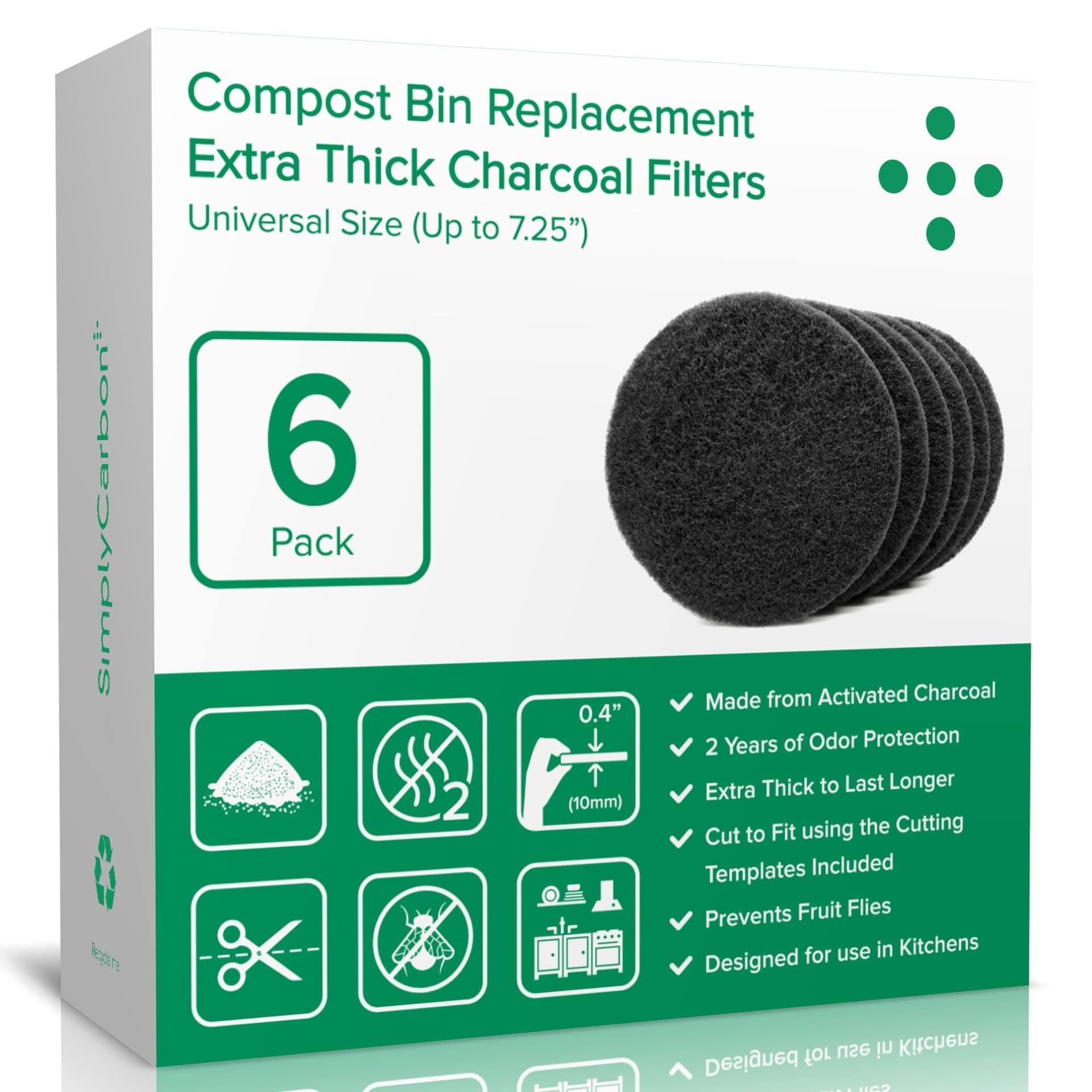 2 Years Supply Extra Thick Filters for Kitchen Compost Bins - Longer Lasting Activated Charcoal - Universal Size Fits ALL Compost Bins up to 7.25" Filter Size - Replacement Set of 6 (by Simply Carbon)