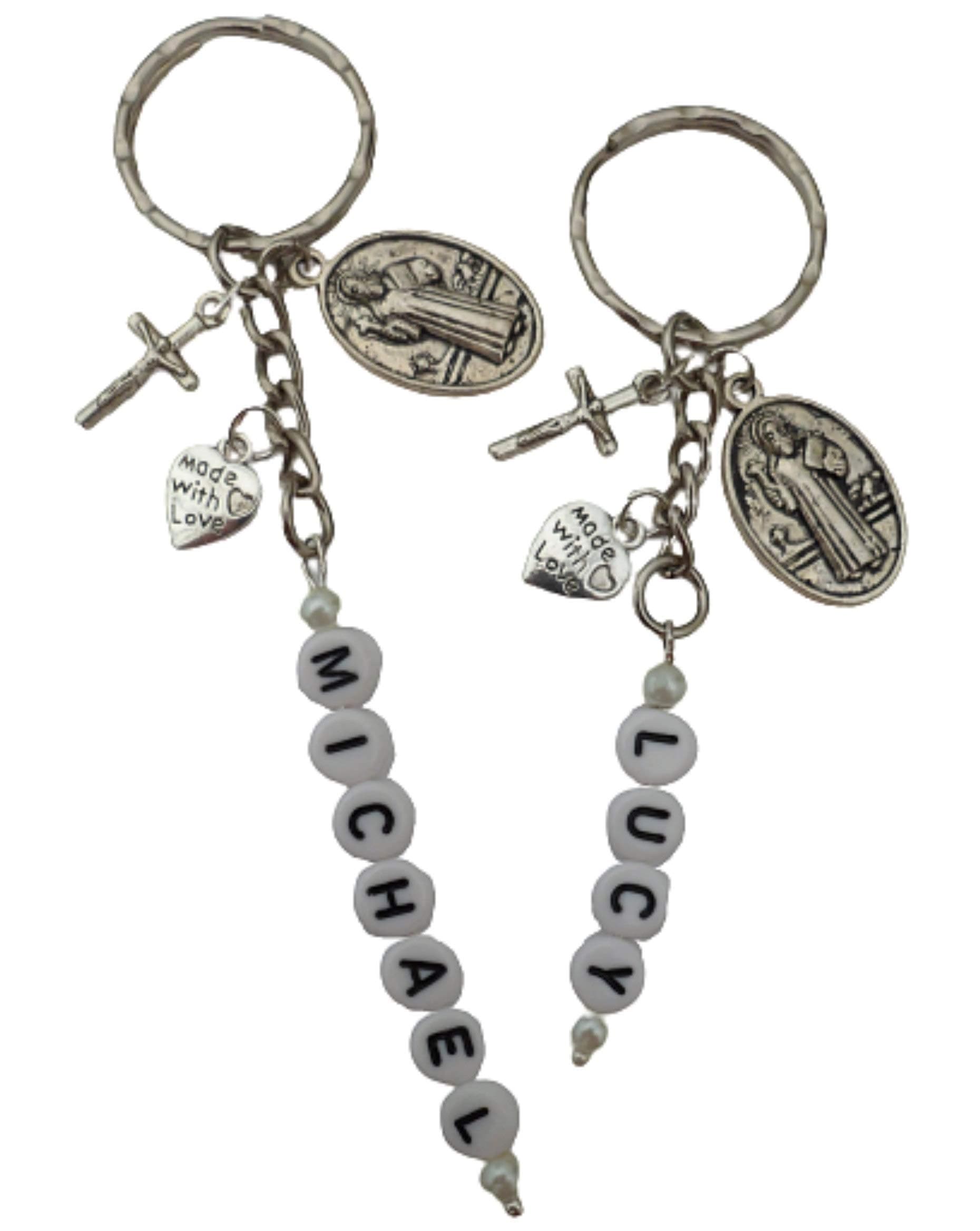 Personalised Keyring St Benedict of Nursia Patron Saint Pendant Crucifix any Name or Word