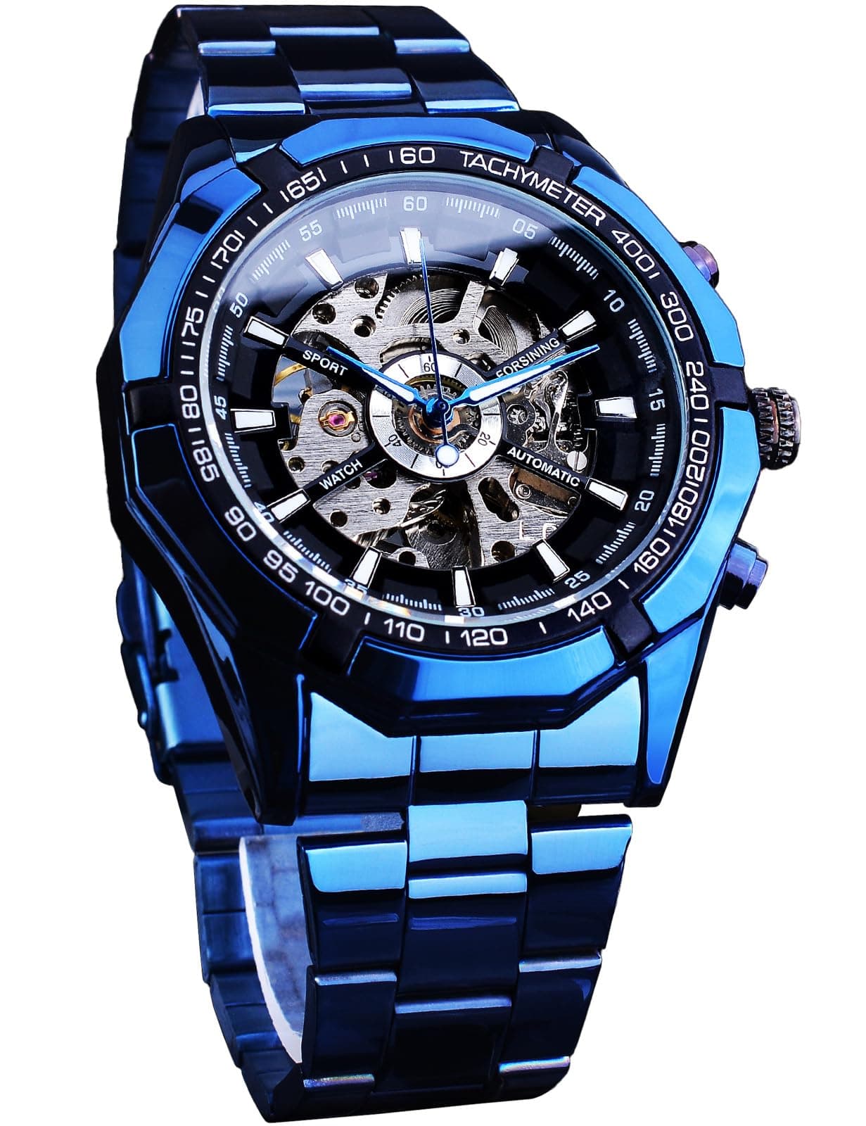 Men's Watch Self-wind Skeleton Hollow Out Mechanical Automatic Luxury Watches, Blue Black Stainless Steel Band Waterproof Wristwatch