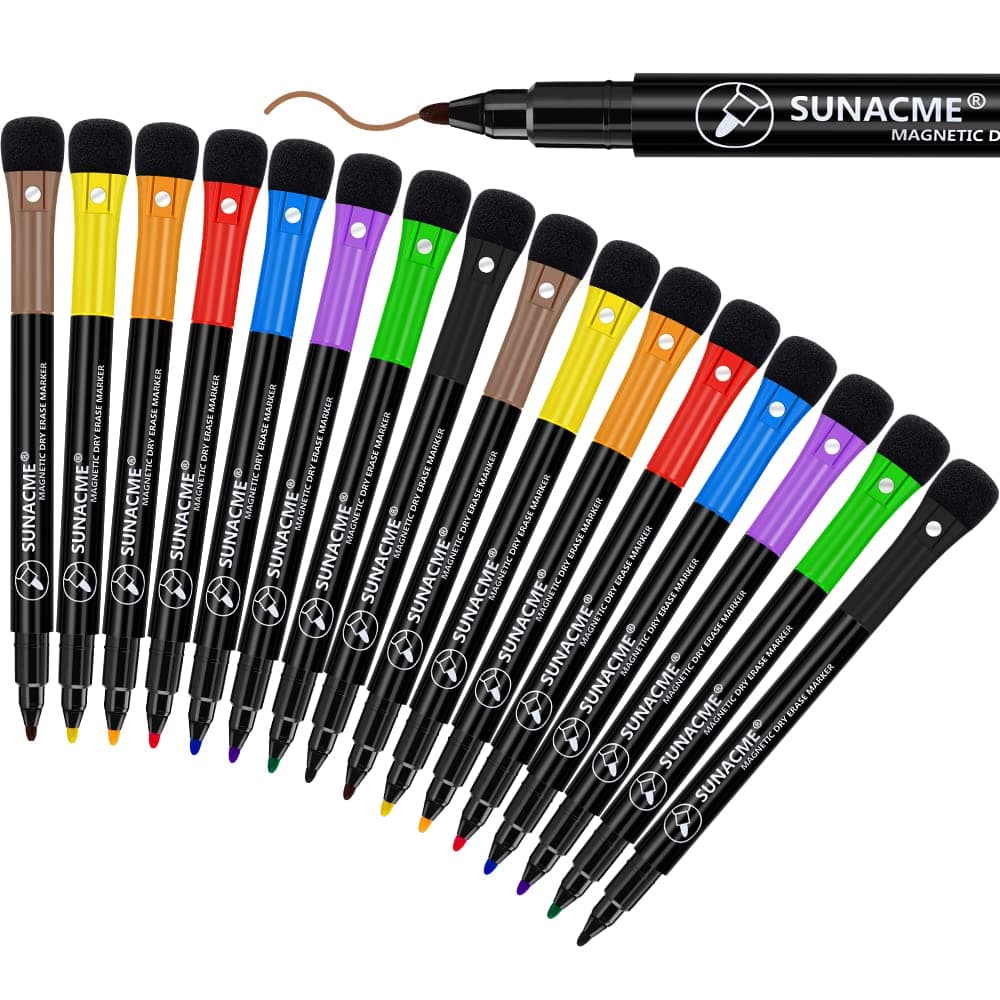 Magnetic Dry Erase Markers Fine Tip, 16-Pack Whiteboard Markers, Fine Point Dry Erase Marker with Eraser Cap, Low Odor White Board Markers for Kids Teachers Office & School Supplies