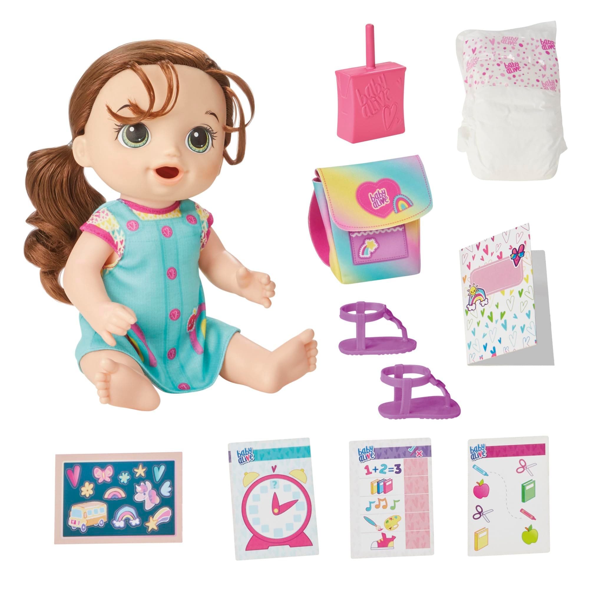 Time for School Baby Doll Set, Back to School Toys for 3 Year Old Girls & Boys & Up, 12 Inch Baby Doll, Brown Hair
