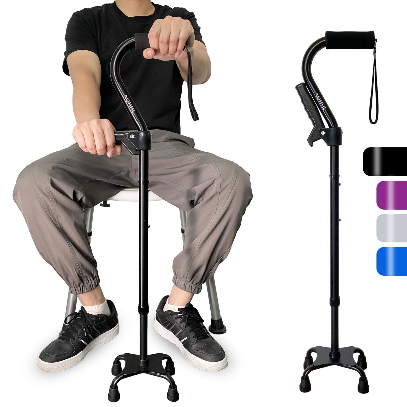AOHHL Quad Walking Cane Foldable Adjustable Portable Stick Men & Women and Seniors - Lightweight & Sturdy with 4-Pronged Base for Extra Stability Balance,Self Standing Gifts for mom Dad