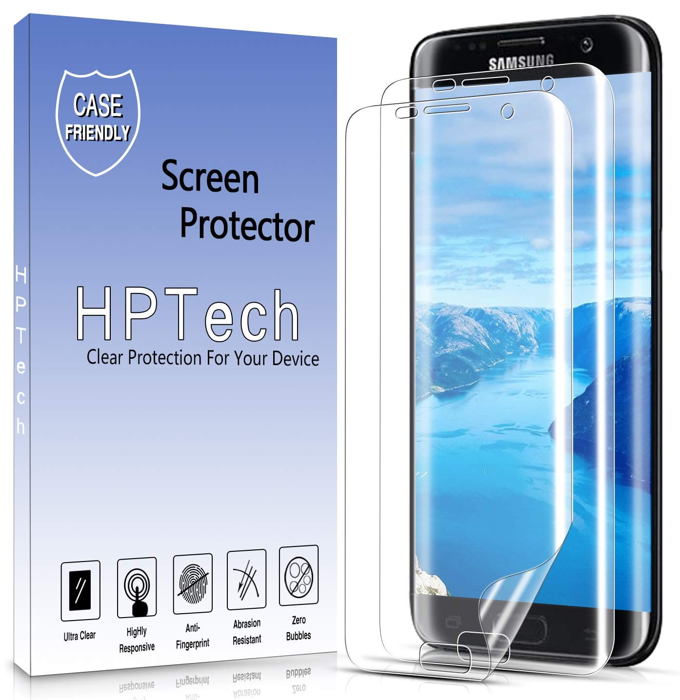 HPTech 2-Pack Screen Protector For Samsung Galaxy S7 Edge Full Coverage PET Film, HD Clear, Bubble Free, Case Friendly