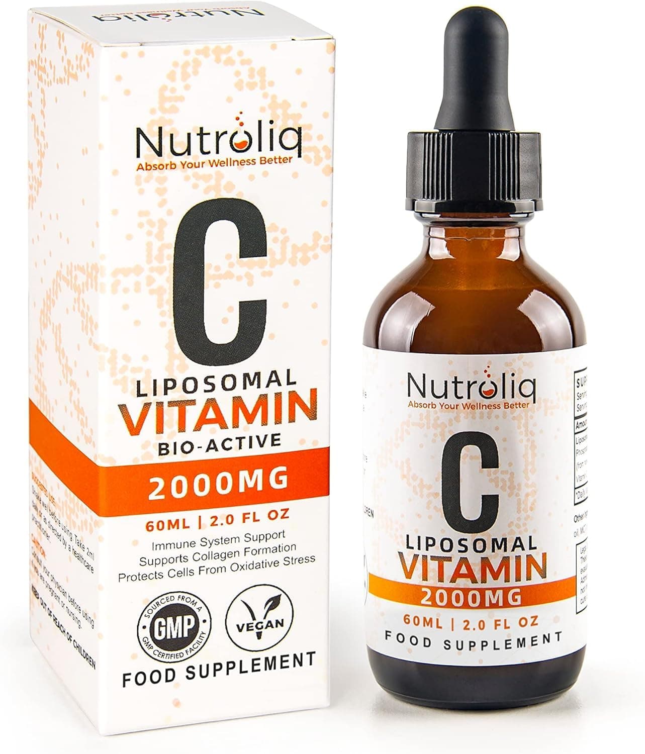 Nutroliq Liposomal Vitamin C Liquid Drops - Vegan Supplements for Men & Women's Health - Helps Boost Immune System - Quick-Absorbing, 2000mg Per Serving, Natural Orange Flavour - 60ml Glass Bottle