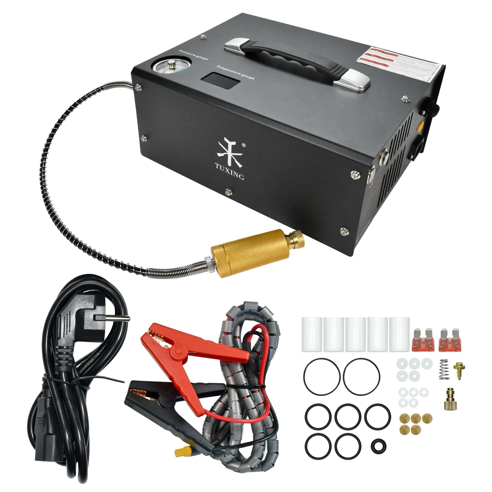 TUXING Portable PCP Air Compressor, 4500Psi/30Mpa, Auto Stop,Oil-Free,Built-in Converter Powered by Car 12V DC or Home 110V AC,Paintball Tank Compressor with Extra Moisture-Oil Separator